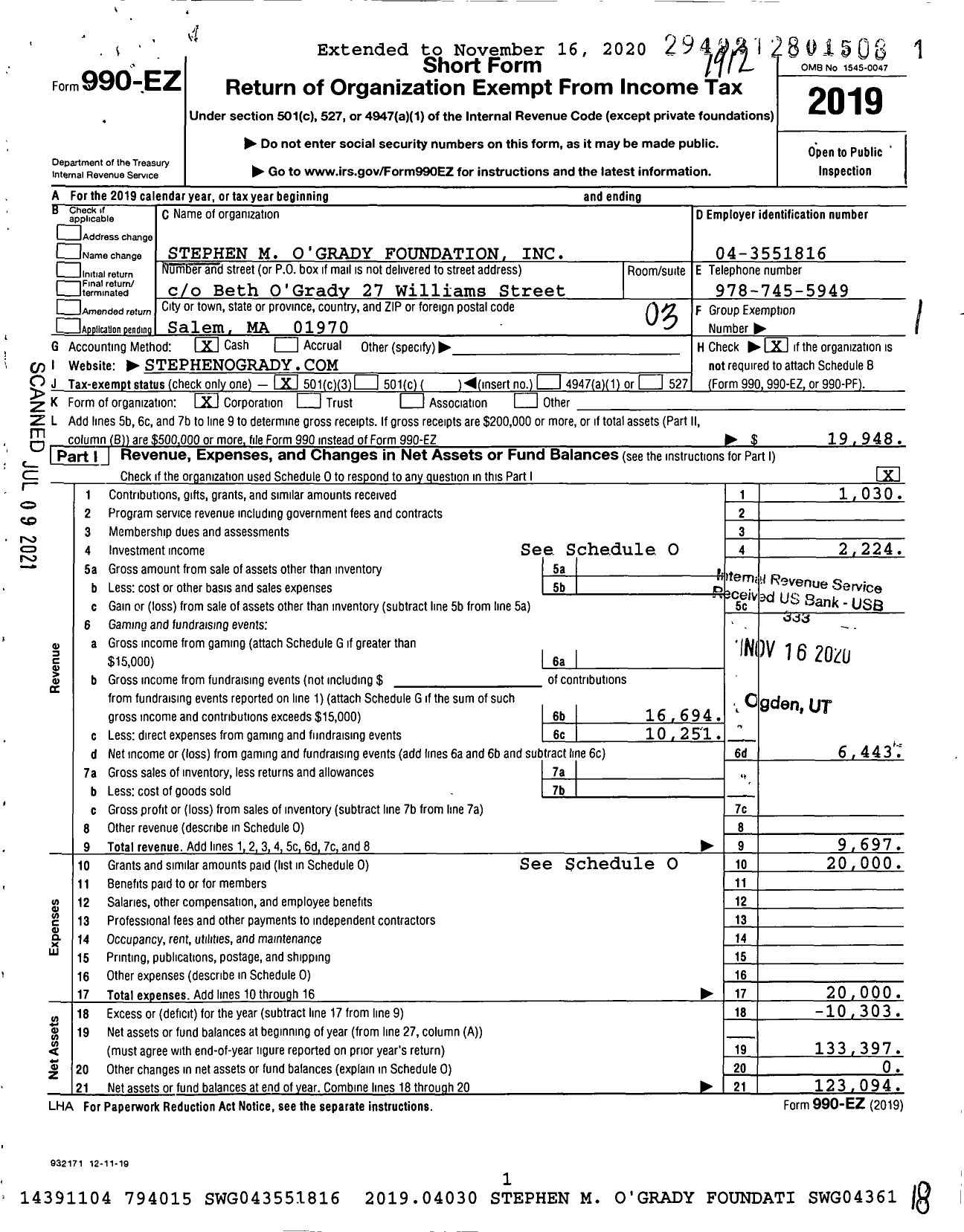 Image of first page of 2019 Form 990EZ for Stephen M Ogrady Foundation