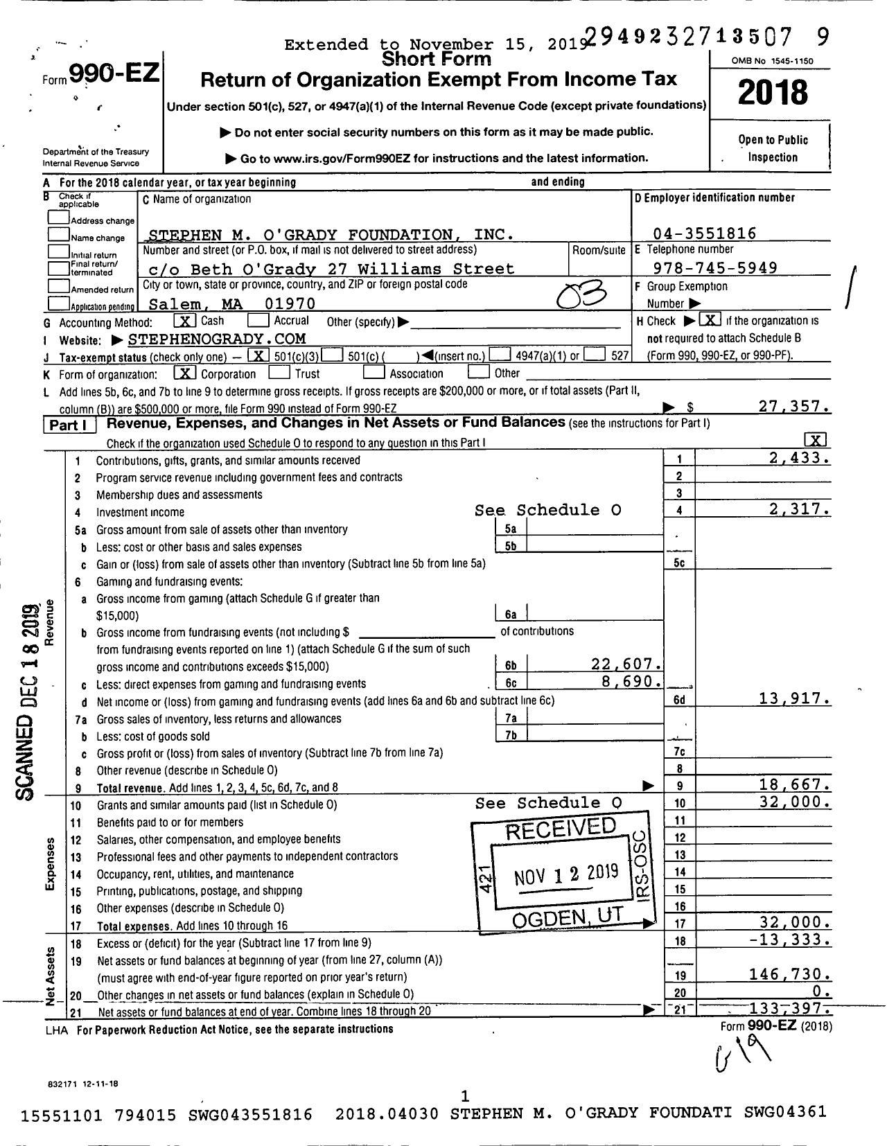 Image of first page of 2018 Form 990EZ for Stephen M Ogrady Foundation