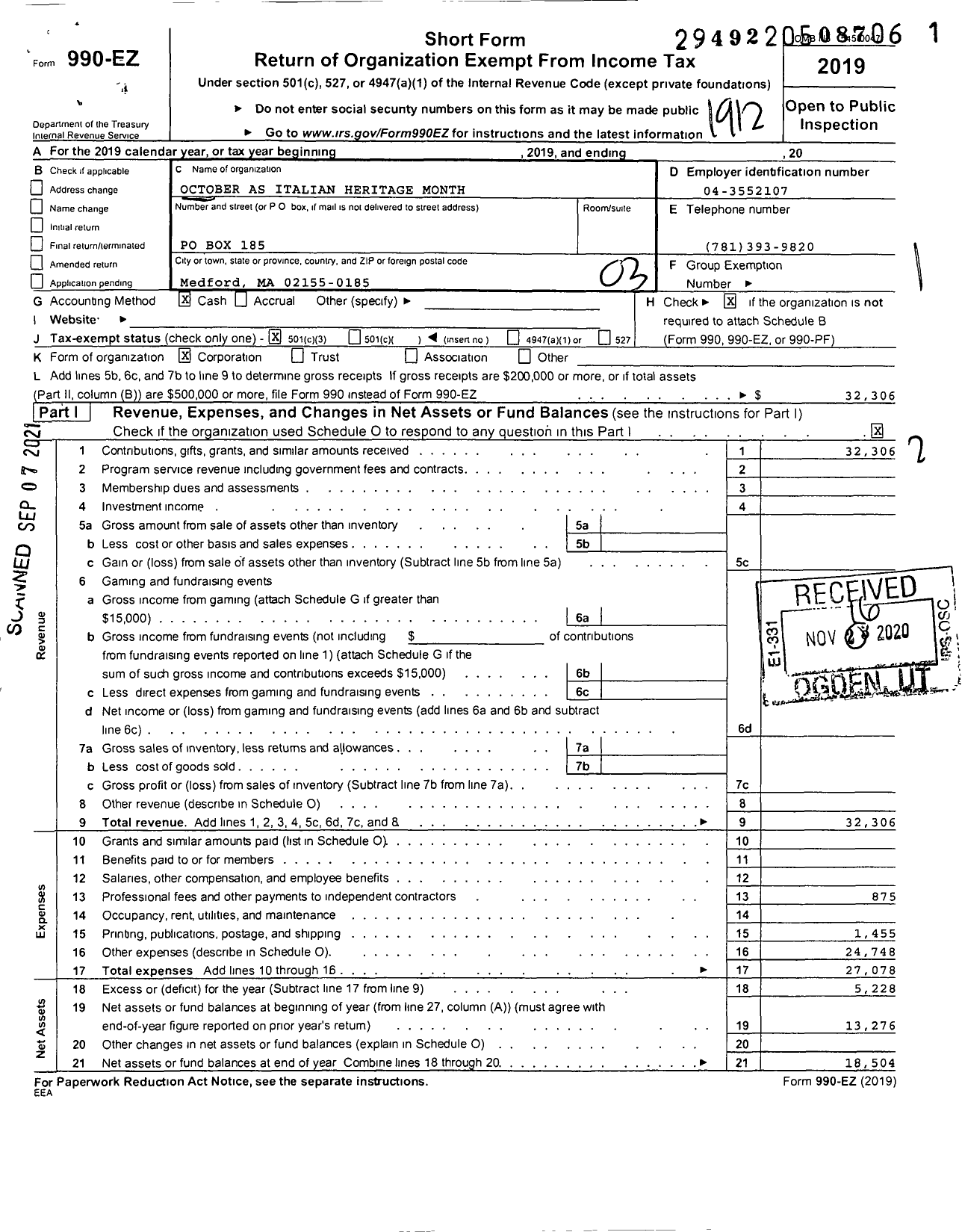 Image of first page of 2019 Form 990EZ for October As Italian Heritage Month