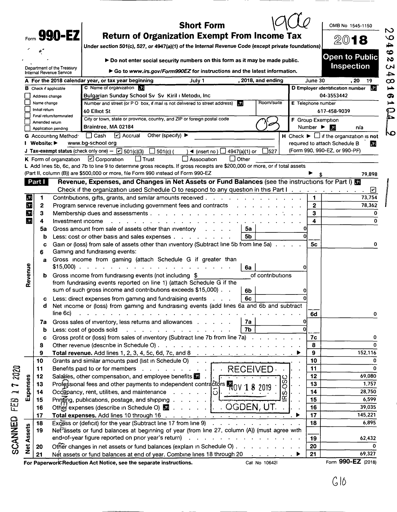 Image of first page of 2018 Form 990EZ for Bulgarian Sunday School SV SV Kiril Metodii