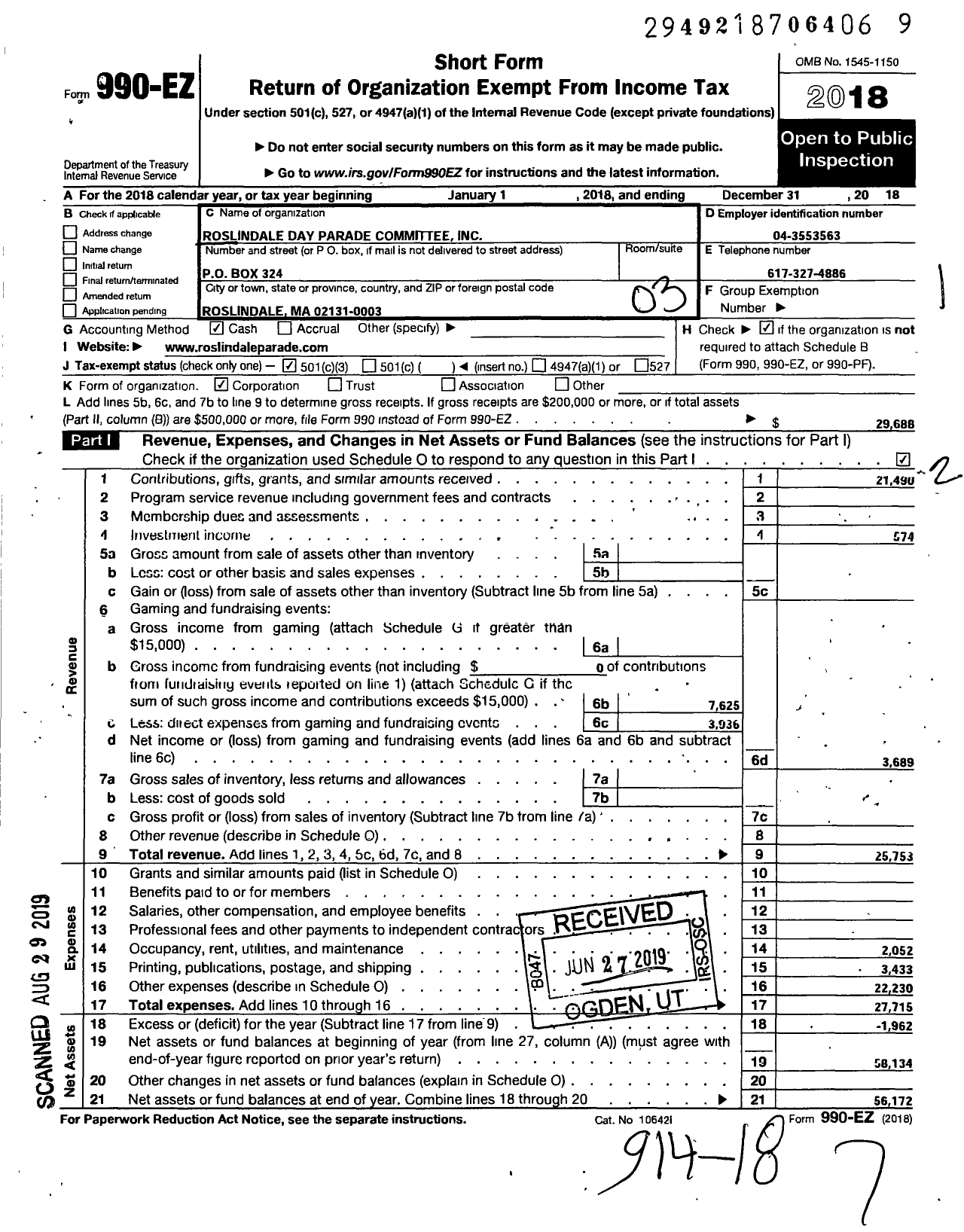 Image of first page of 2018 Form 990EZ for Roslindale Day Parade Committee