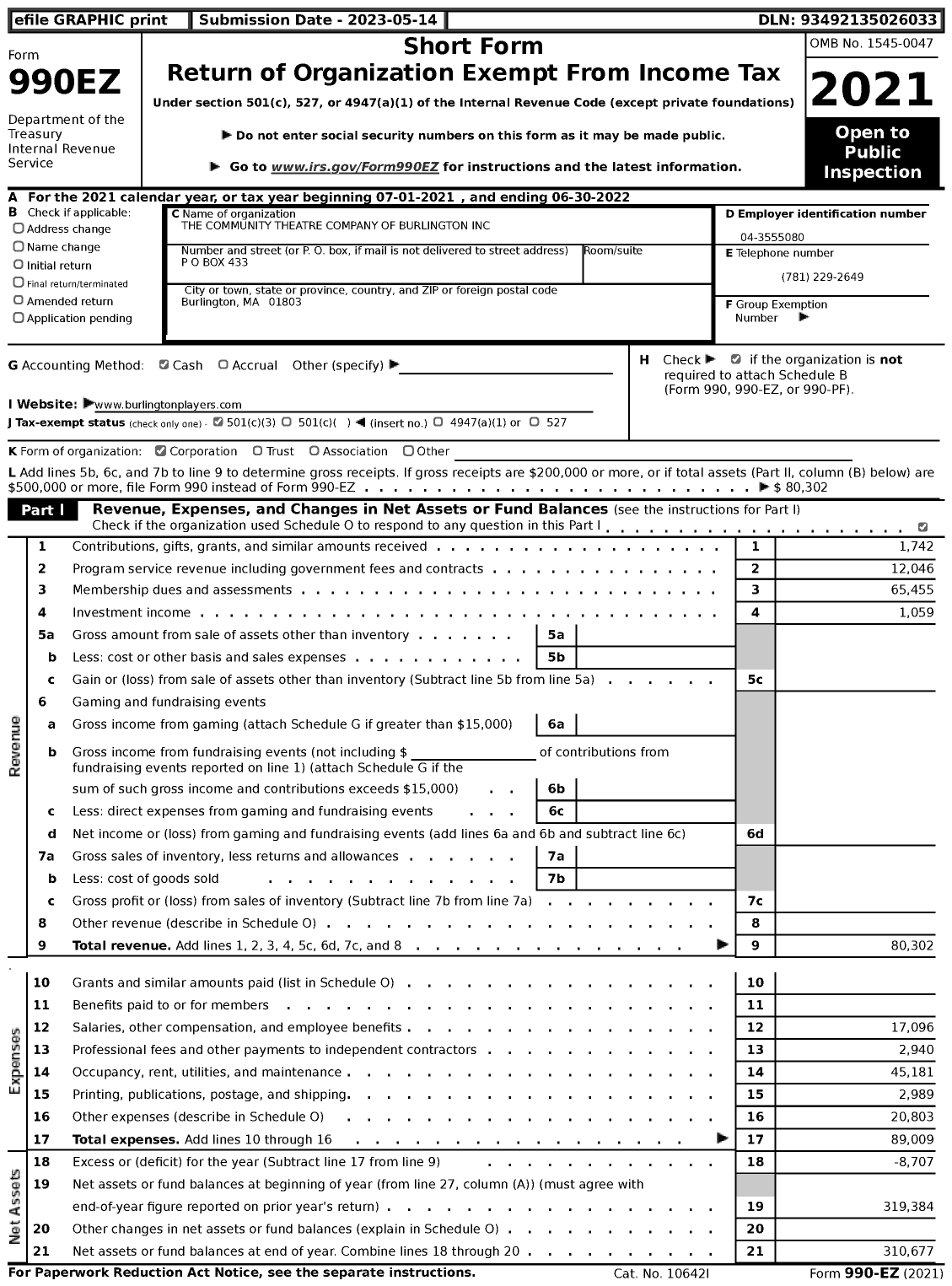 Image of first page of 2021 Form 990EZ for The Community Theatre Company of Burlington