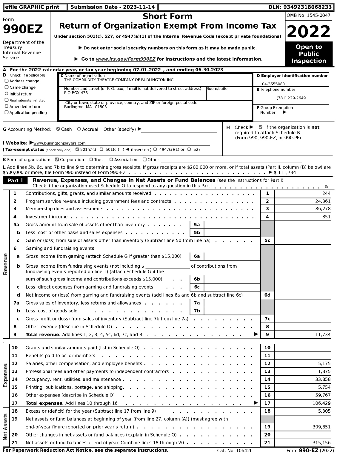 Image of first page of 2022 Form 990EZ for The Community Theatre Company of Burlington