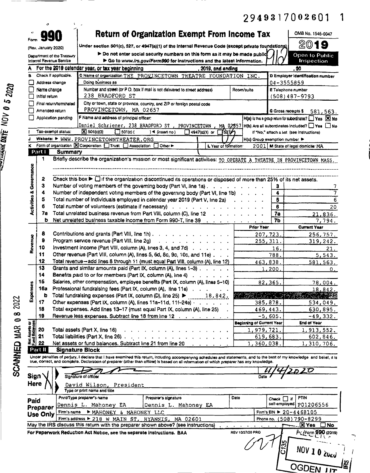 Image of first page of 2019 Form 990 for Provincetown Theater