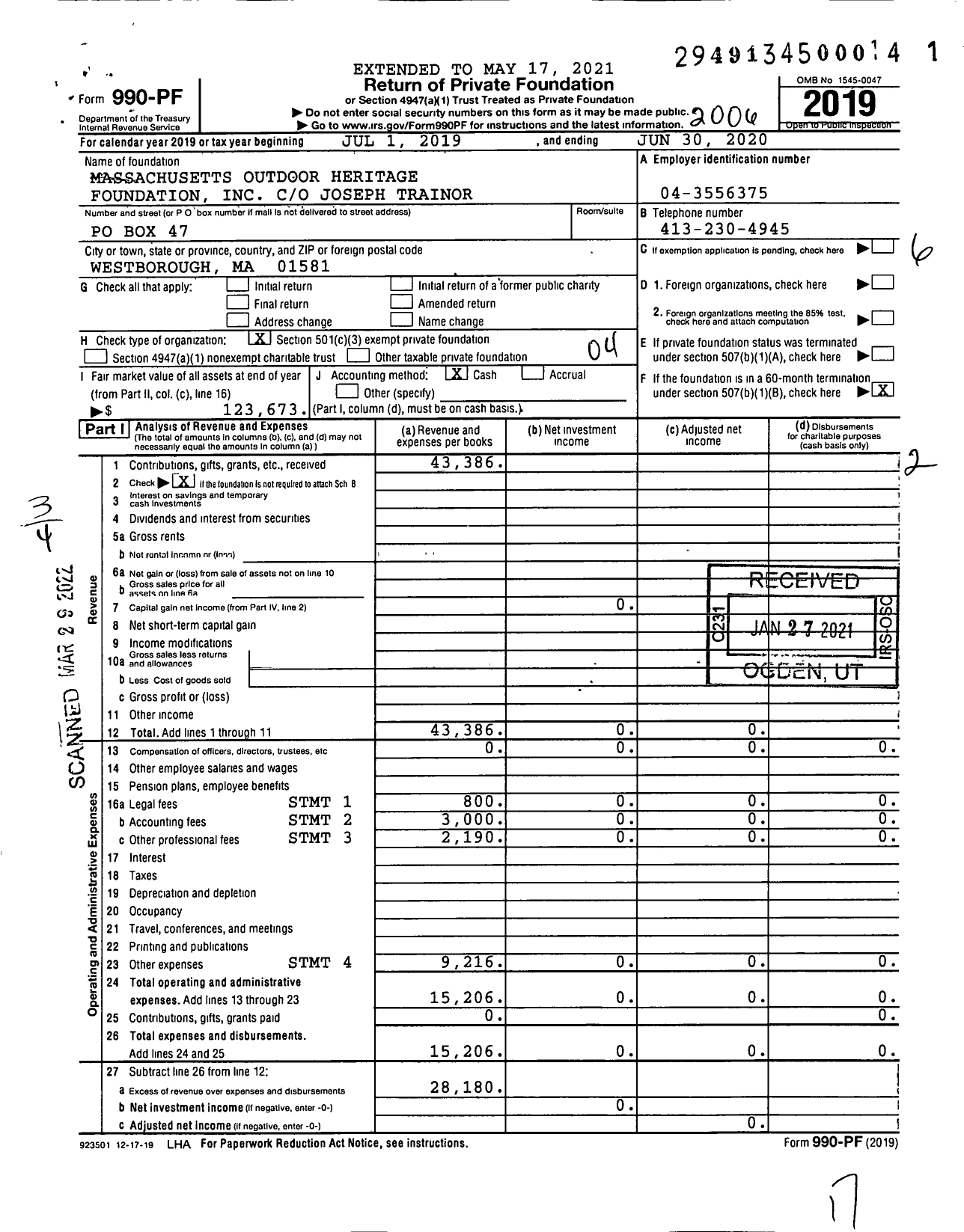 Image of first page of 2019 Form 990PF for Massachusetts Outdoor Heritage Foundation