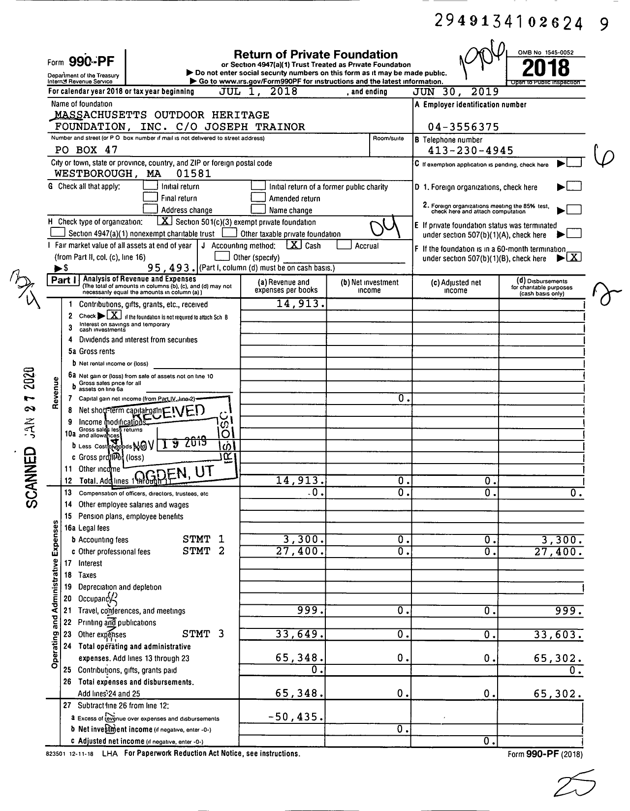 Image of first page of 2018 Form 990PF for Massachusetts Outdoor Heritage Foundation