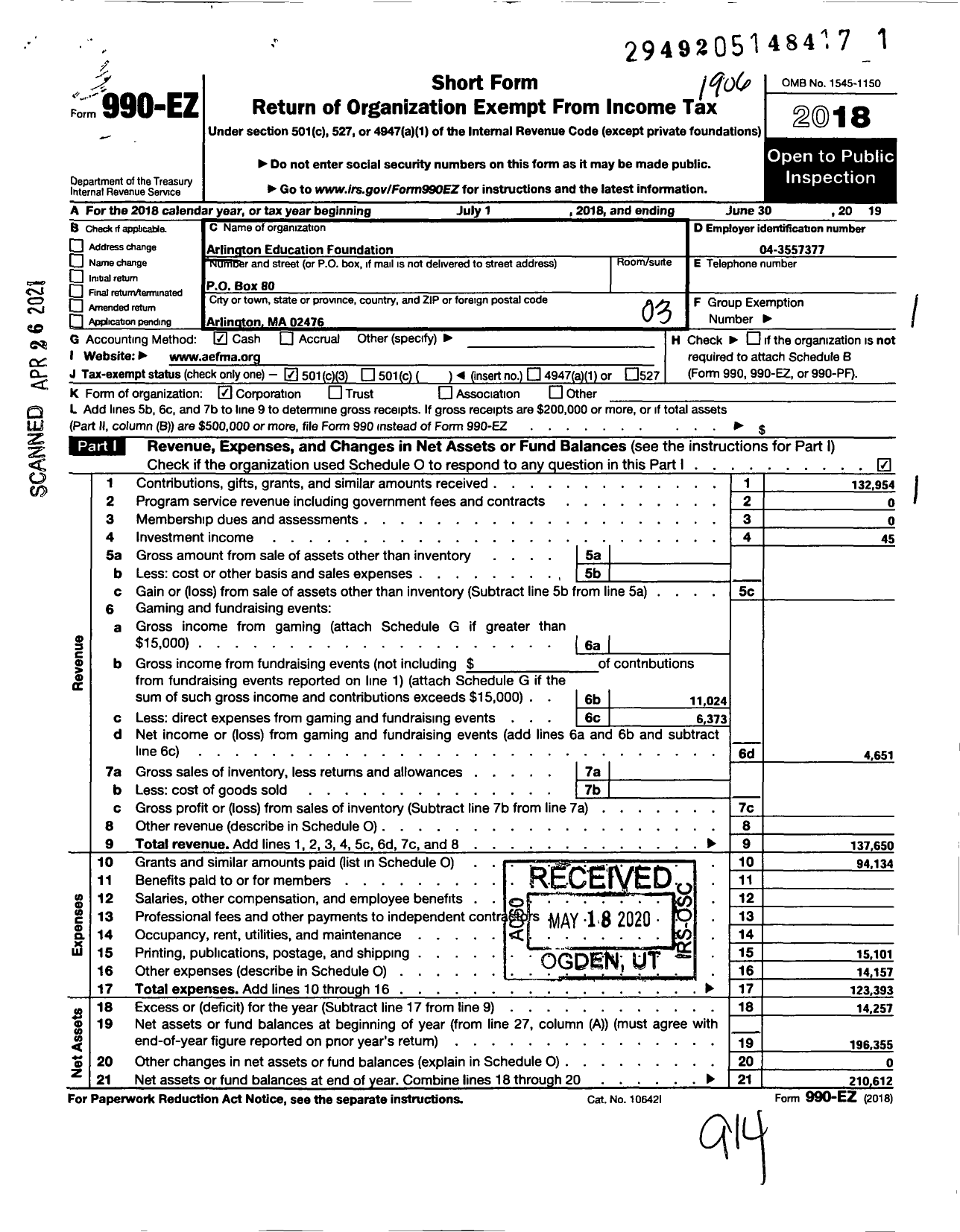 Image of first page of 2018 Form 990EZ for Arlington Education Foundation