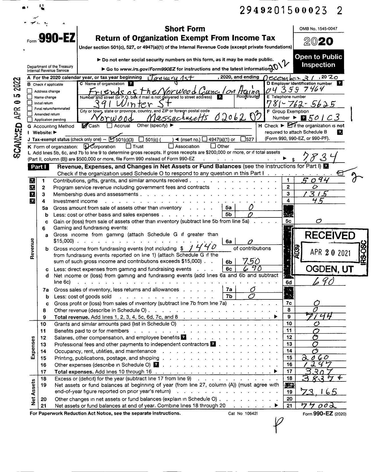 Image of first page of 2020 Form 990EZ for Friends of the Norwood Council on Aging