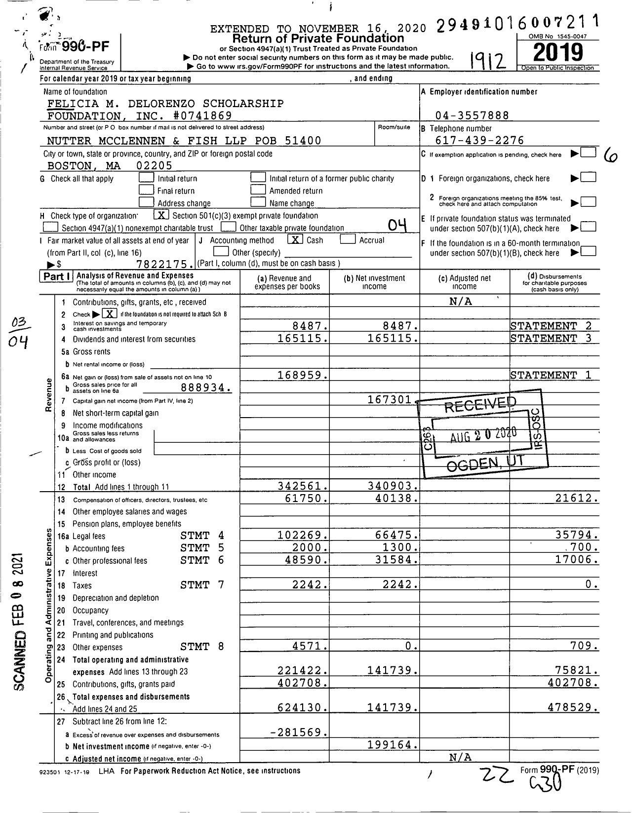 Image of first page of 2019 Form 990PF for Felicia M Delorenzo Scholarship Foundation