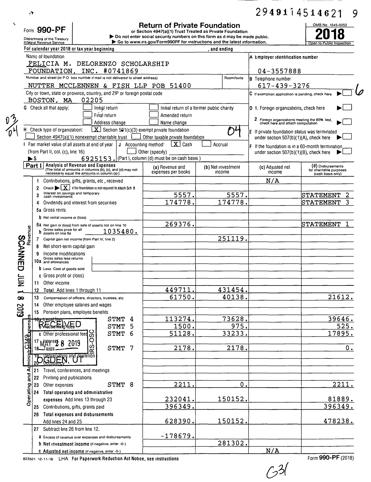 Image of first page of 2018 Form 990PF for Felicia M Delorenzo Scholarship Foundation