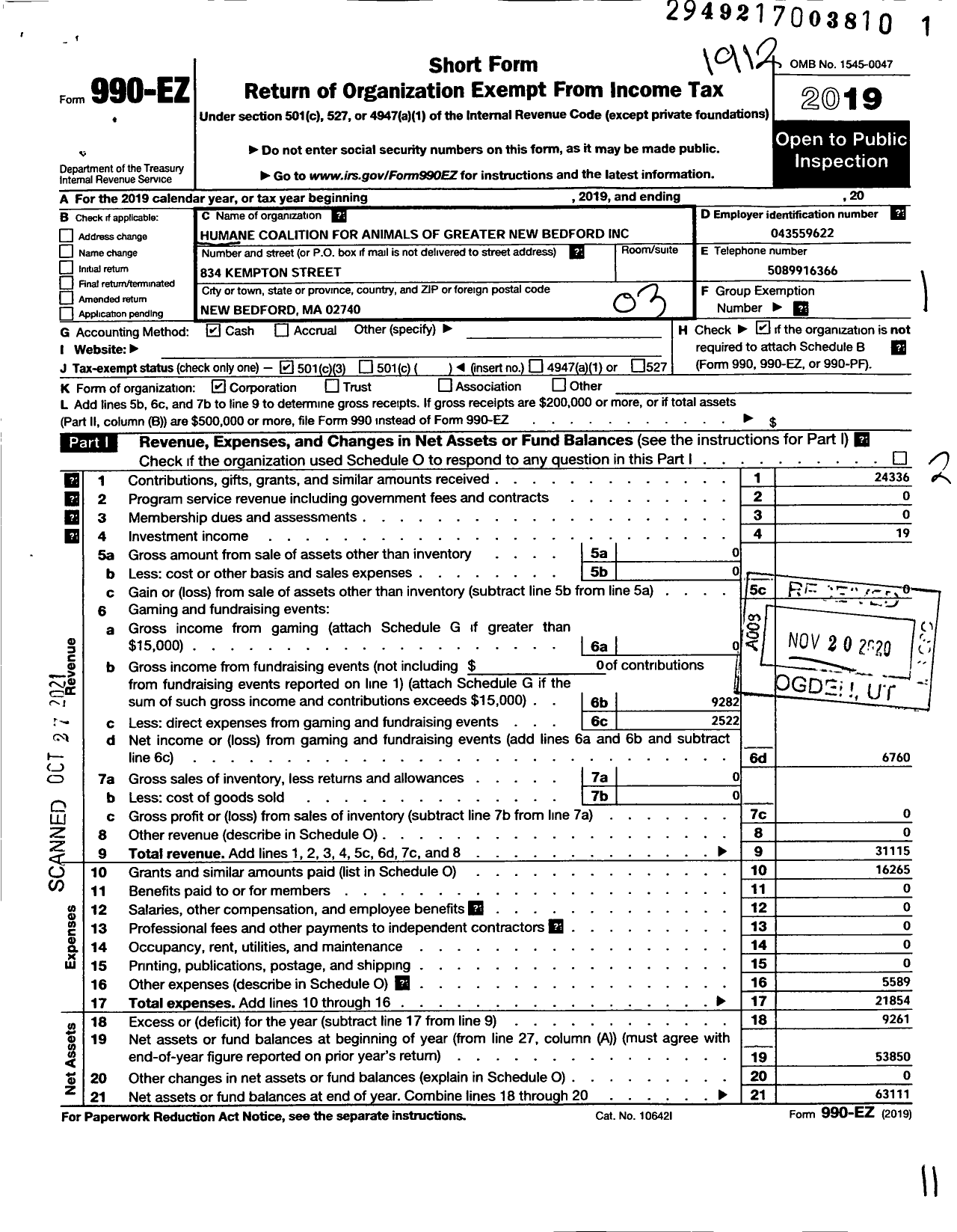 Image of first page of 2019 Form 990EZ for Humane Coalition for Animals of Greater New Bedford