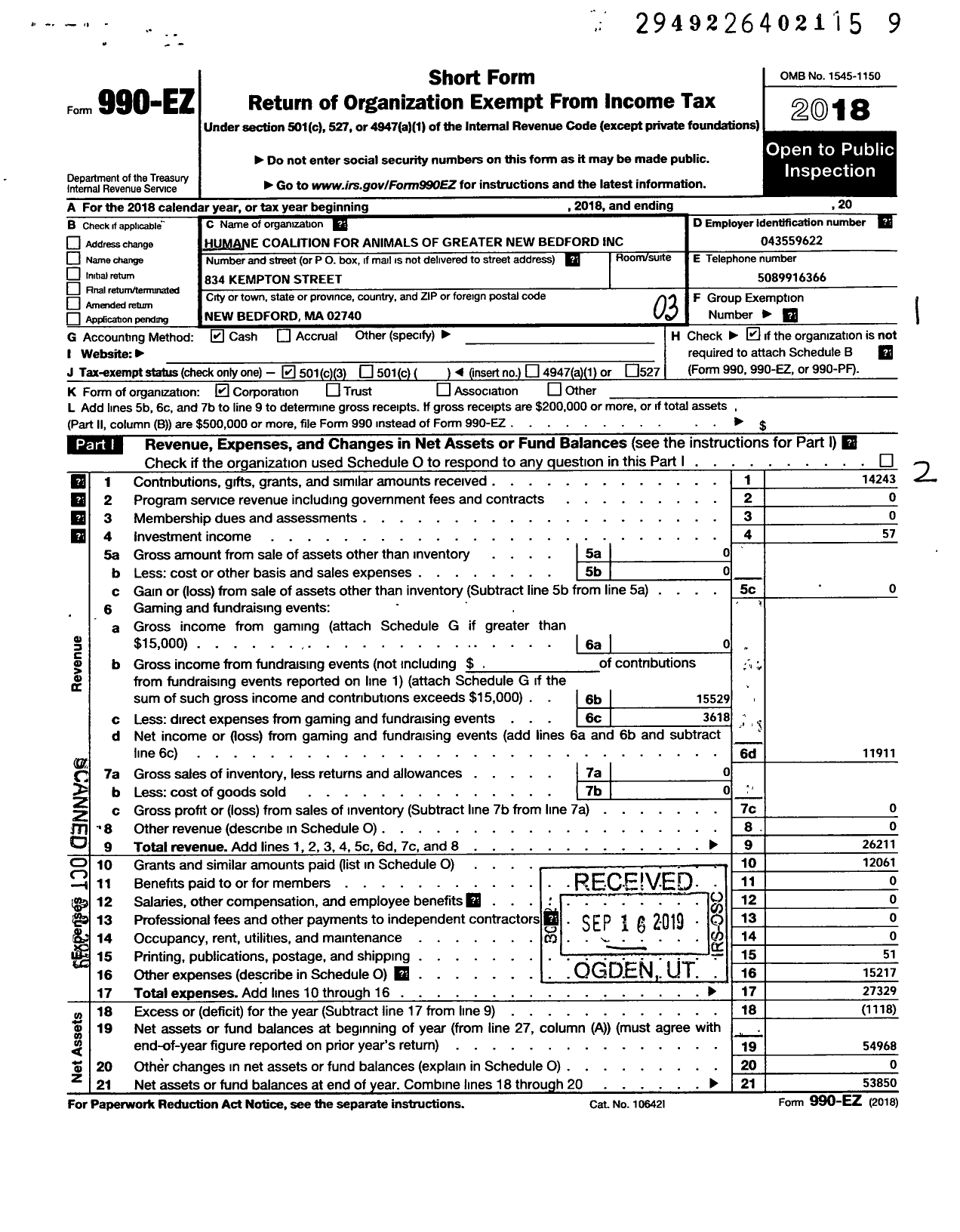 Image of first page of 2018 Form 990EZ for Humane Coalition for Animals of Greater New Bedford