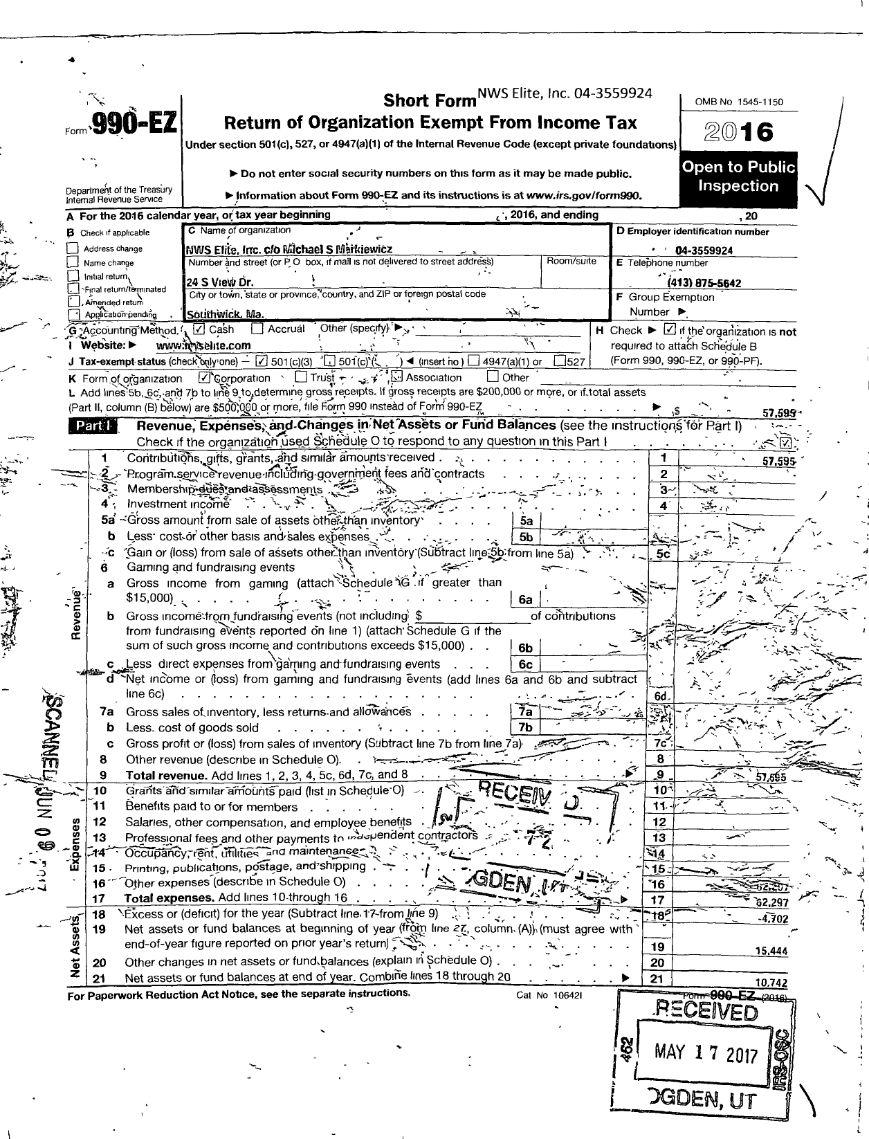 Image of first page of 2016 Form 990EZ for NWS Elite