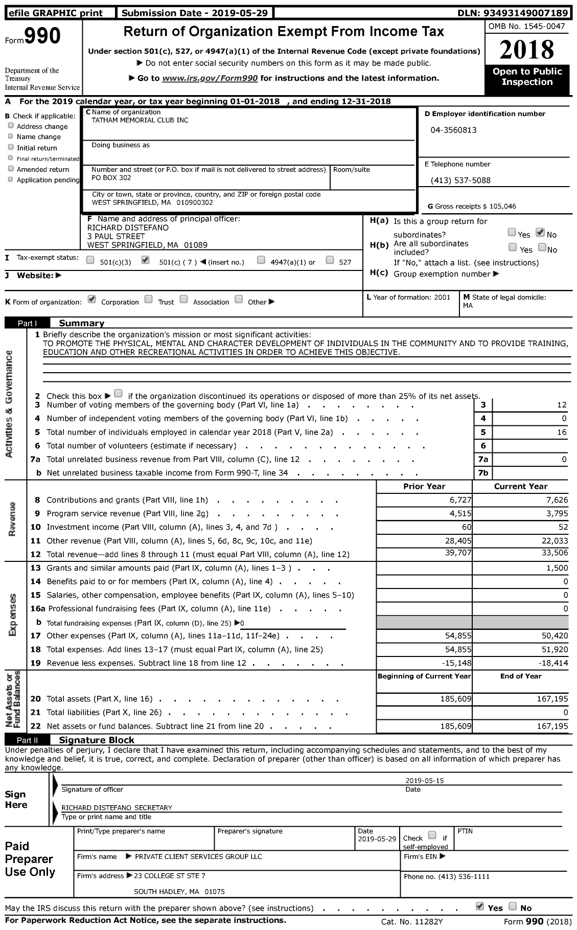 Image of first page of 2018 Form 990 for Tatham Memorial Club