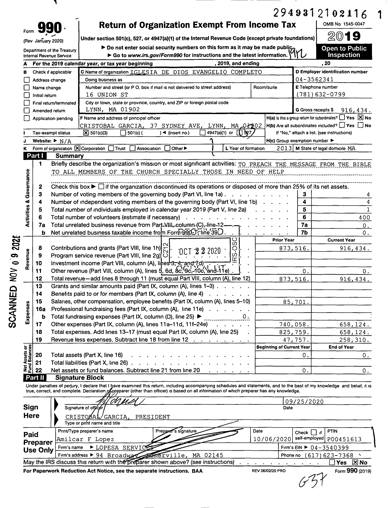 Image of first page of 2019 Form 990 for Iglesia de Dios Evangelio Completo