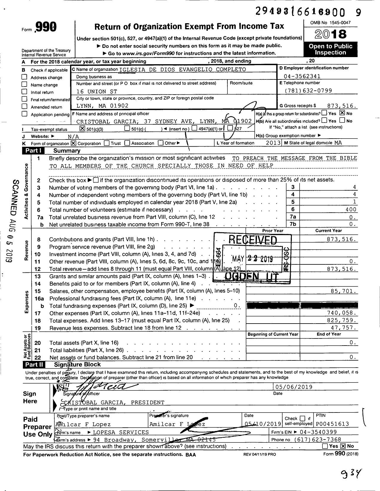 Image of first page of 2018 Form 990 for Iglesia de Dios Evangelio Completo