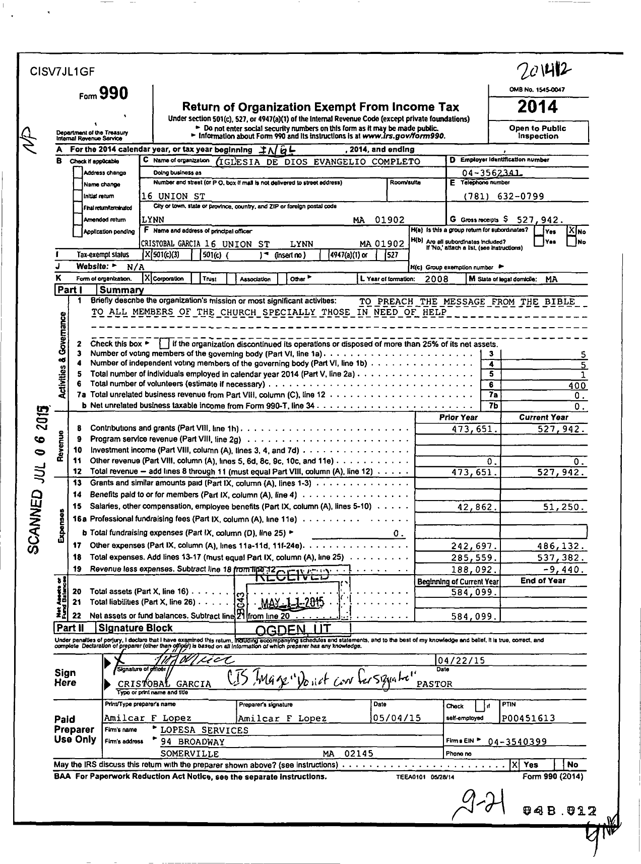 Image of first page of 2014 Form 990 for Iglesia de Dios Evangelio Completo