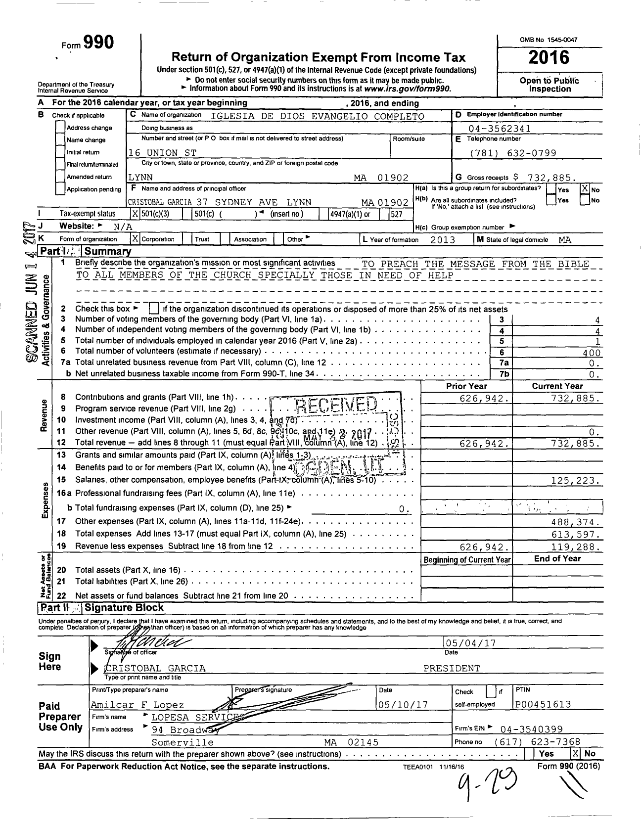 Image of first page of 2016 Form 990 for Iglesia de Dios Evangelio Completo