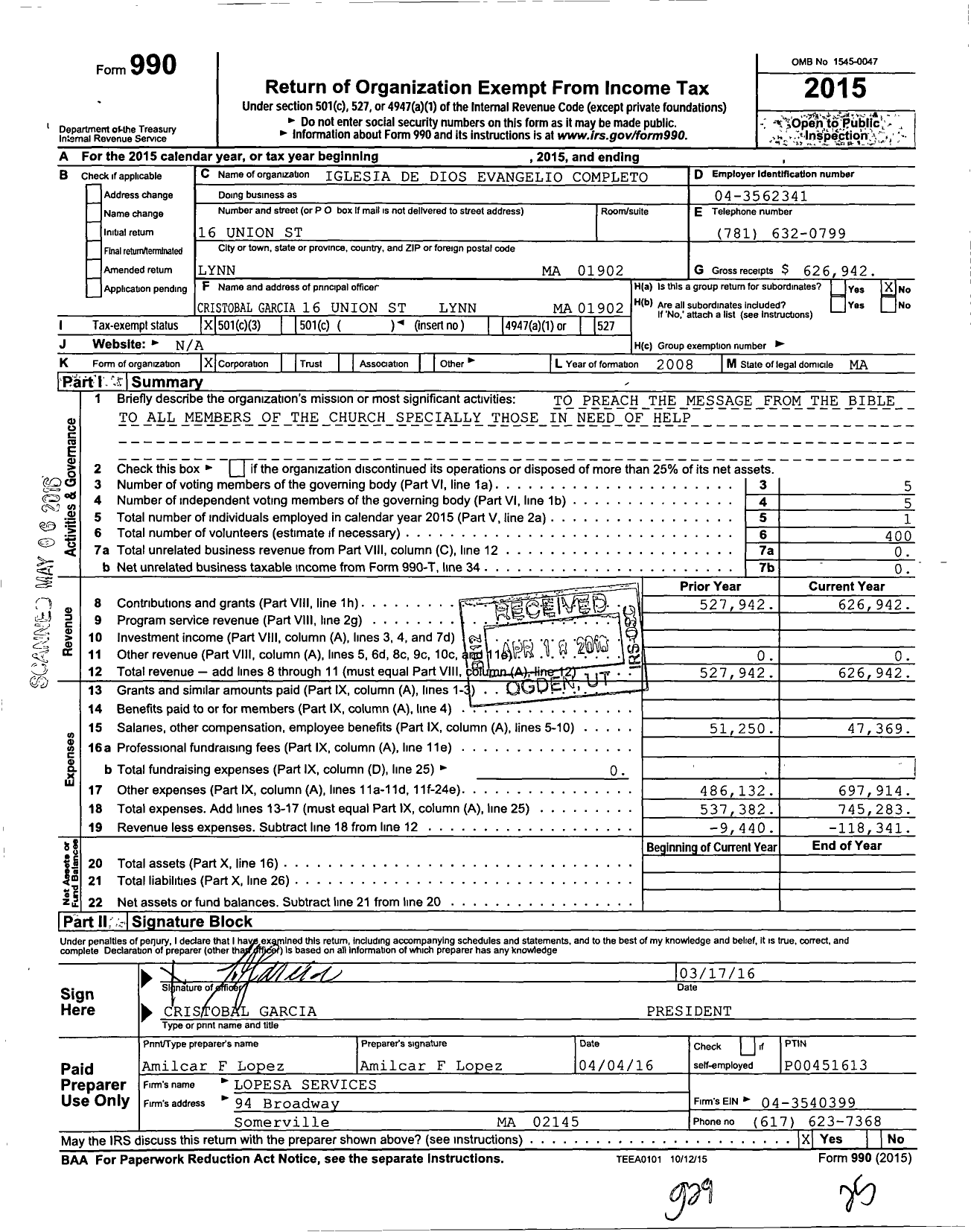 Image of first page of 2015 Form 990 for Iglesia de Dios Evangelio Completo