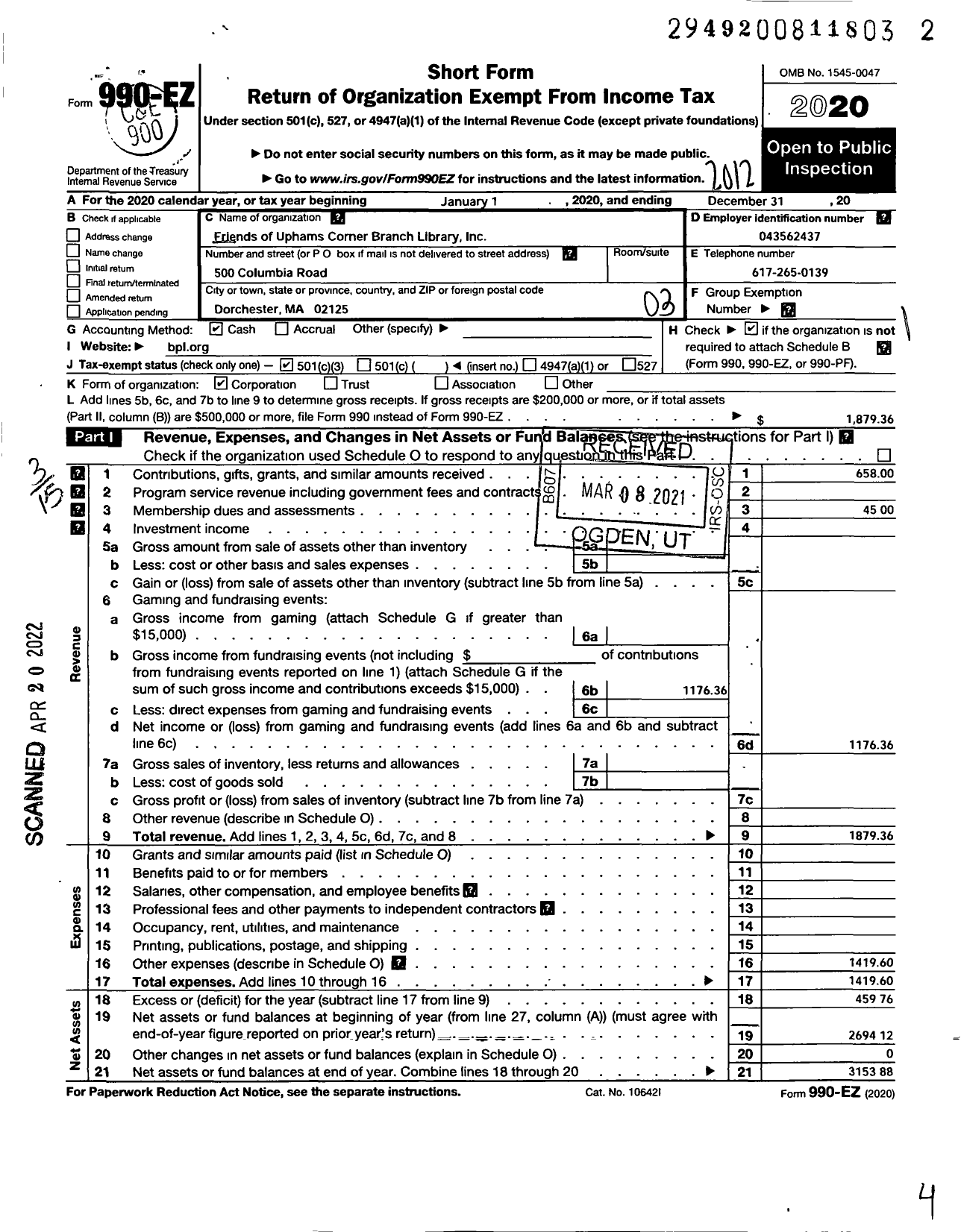 Image of first page of 2020 Form 990EZ for Friends of Uphams Corner Branch Library