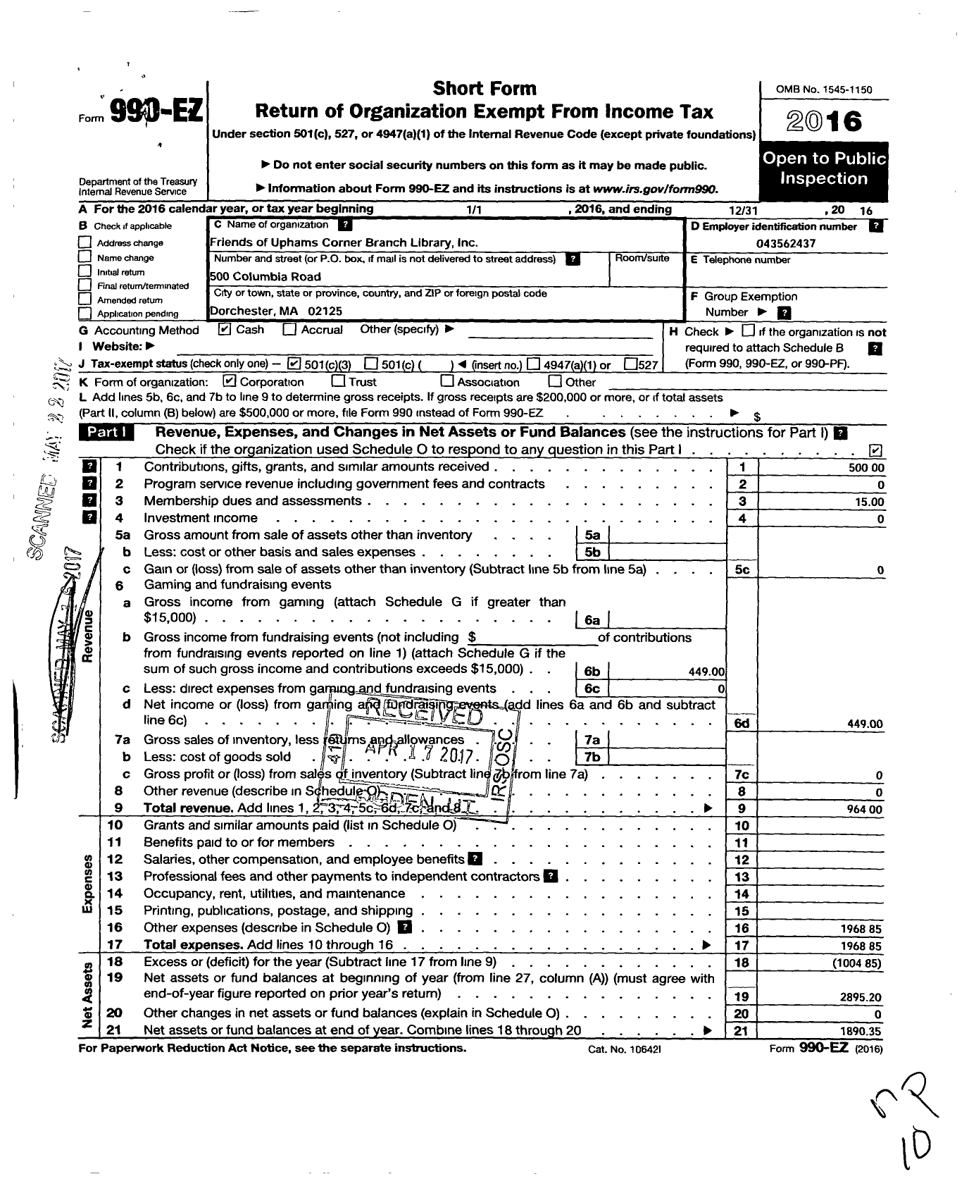 Image of first page of 2016 Form 990EZ for Friends of Uphams Corner Branch Library