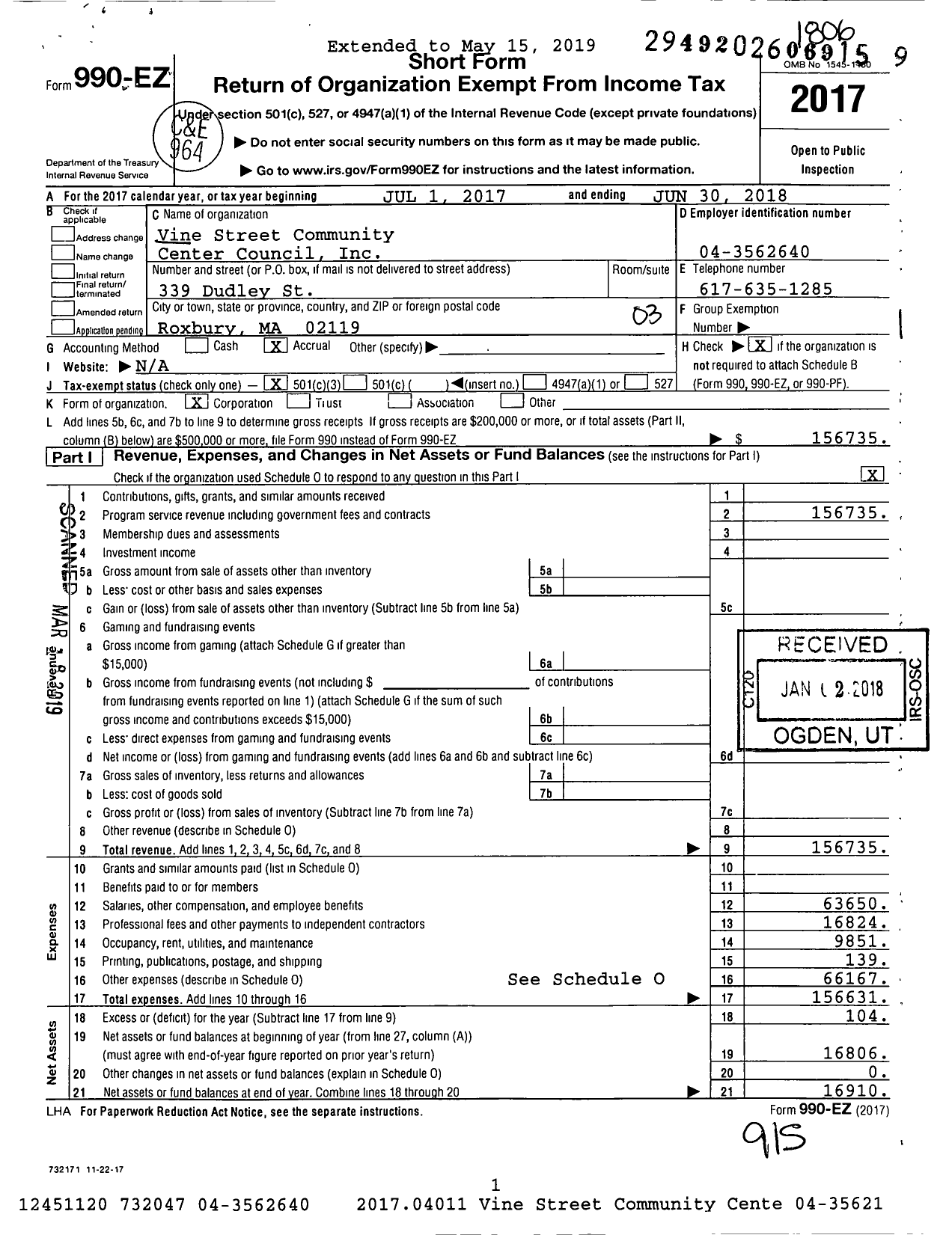 Image of first page of 2017 Form 990EZ for Vine Street Community Center Council