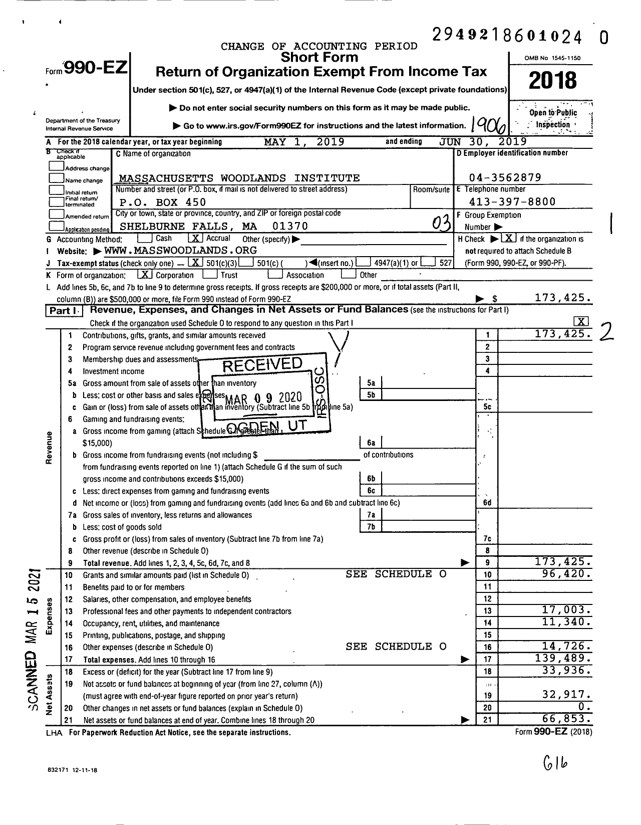 Image of first page of 2018 Form 990EZ for Ma Woodlands Institute