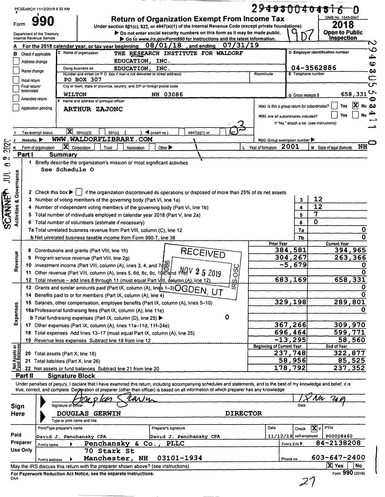 Image of first page of 2018 Form 990 for The Research Institute for Waldorf Education