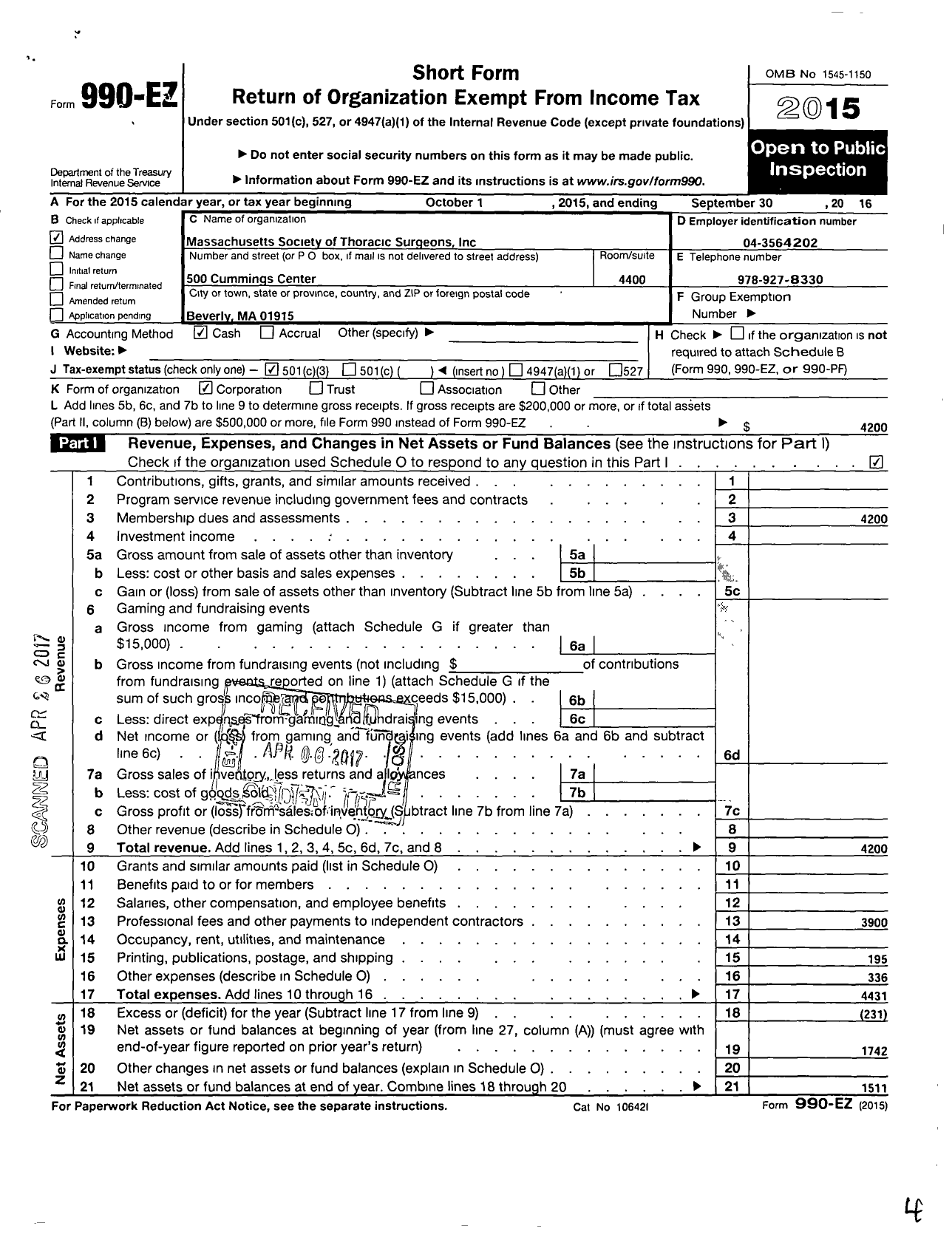 Image of first page of 2015 Form 990EZ for Massachusetts Society of Thoracic Surgeons