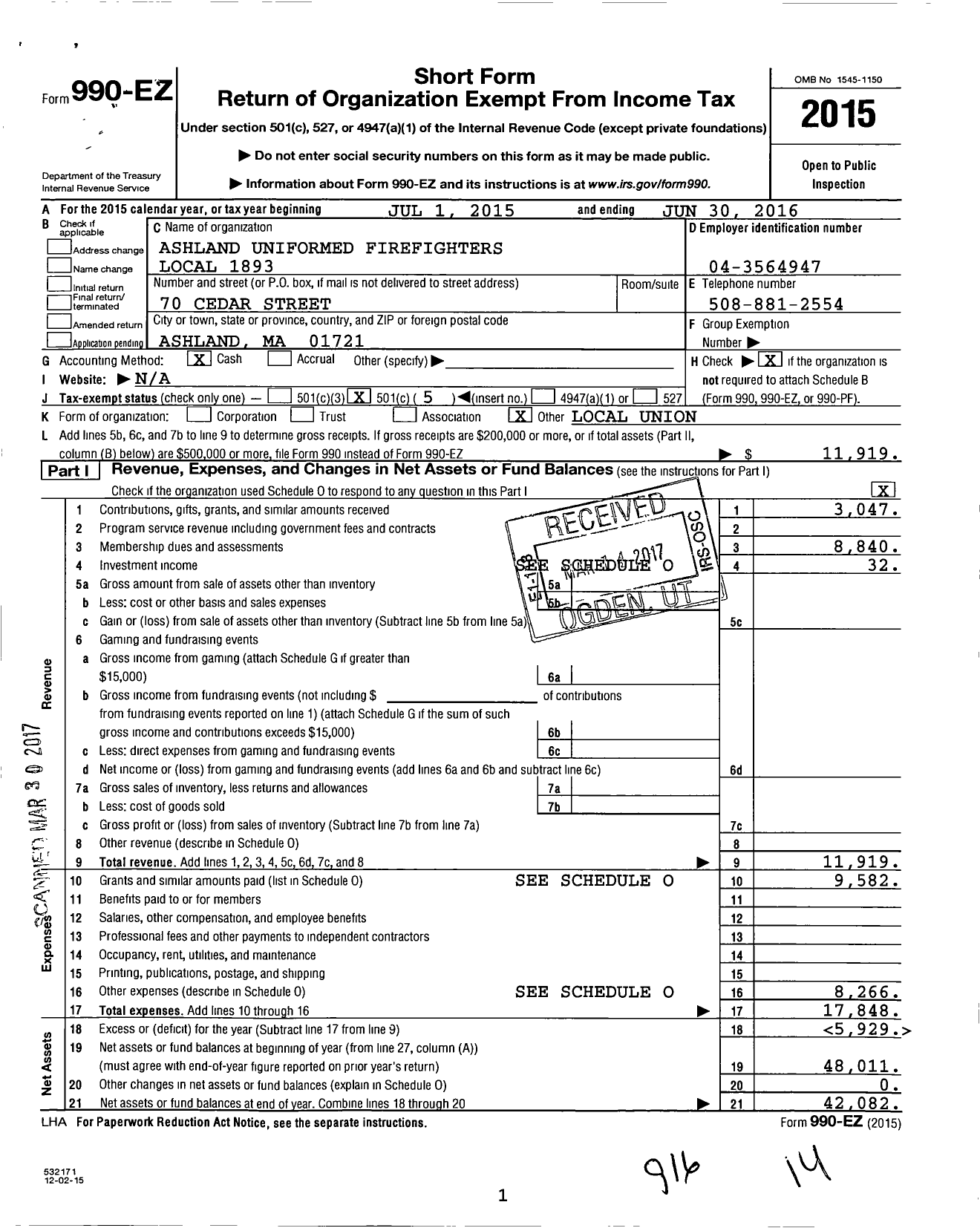 Image of first page of 2015 Form 990EO for Ashland Uniformed Firefighters Local 1893