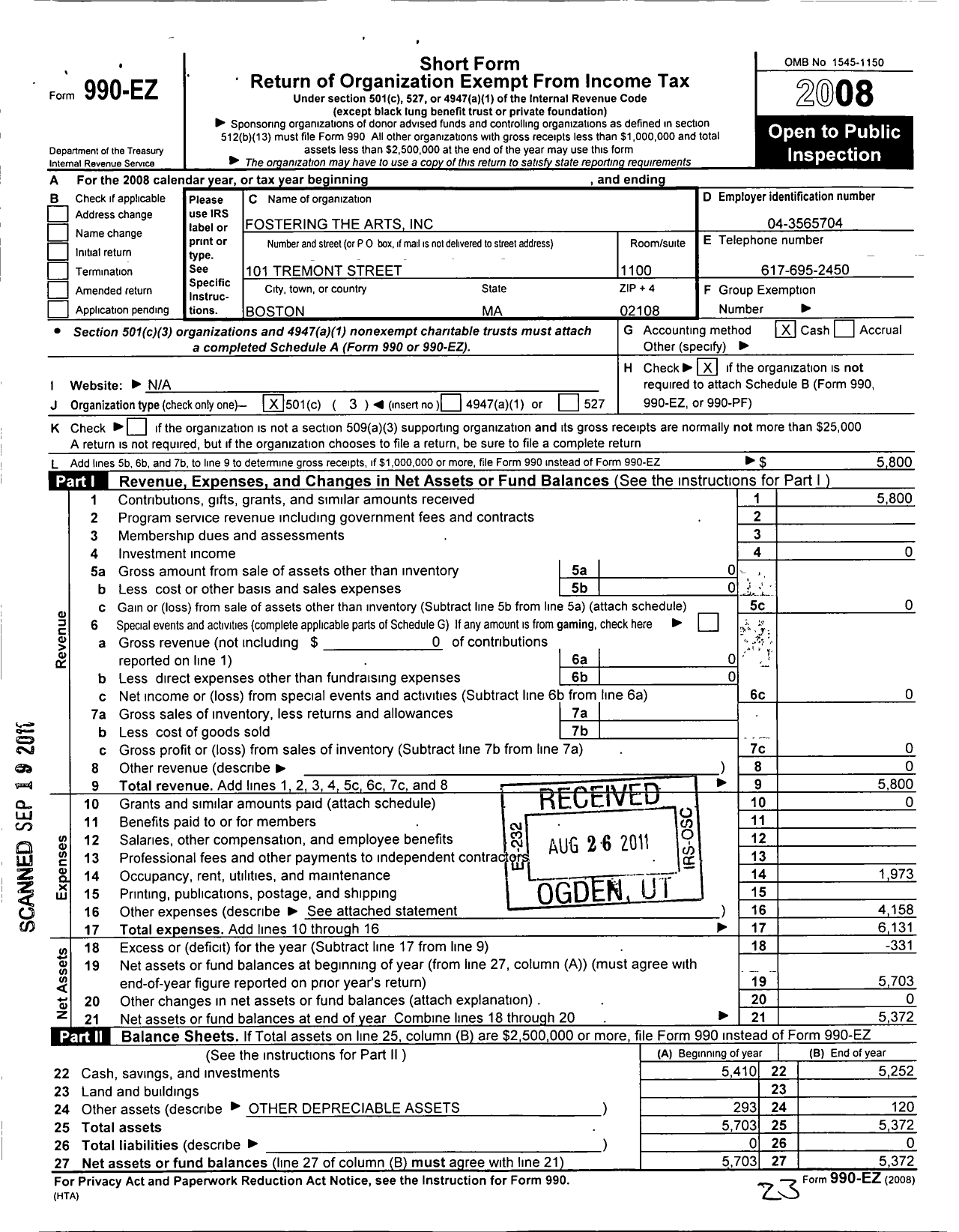 Image of first page of 2008 Form 990EZ for Fostering the Arts