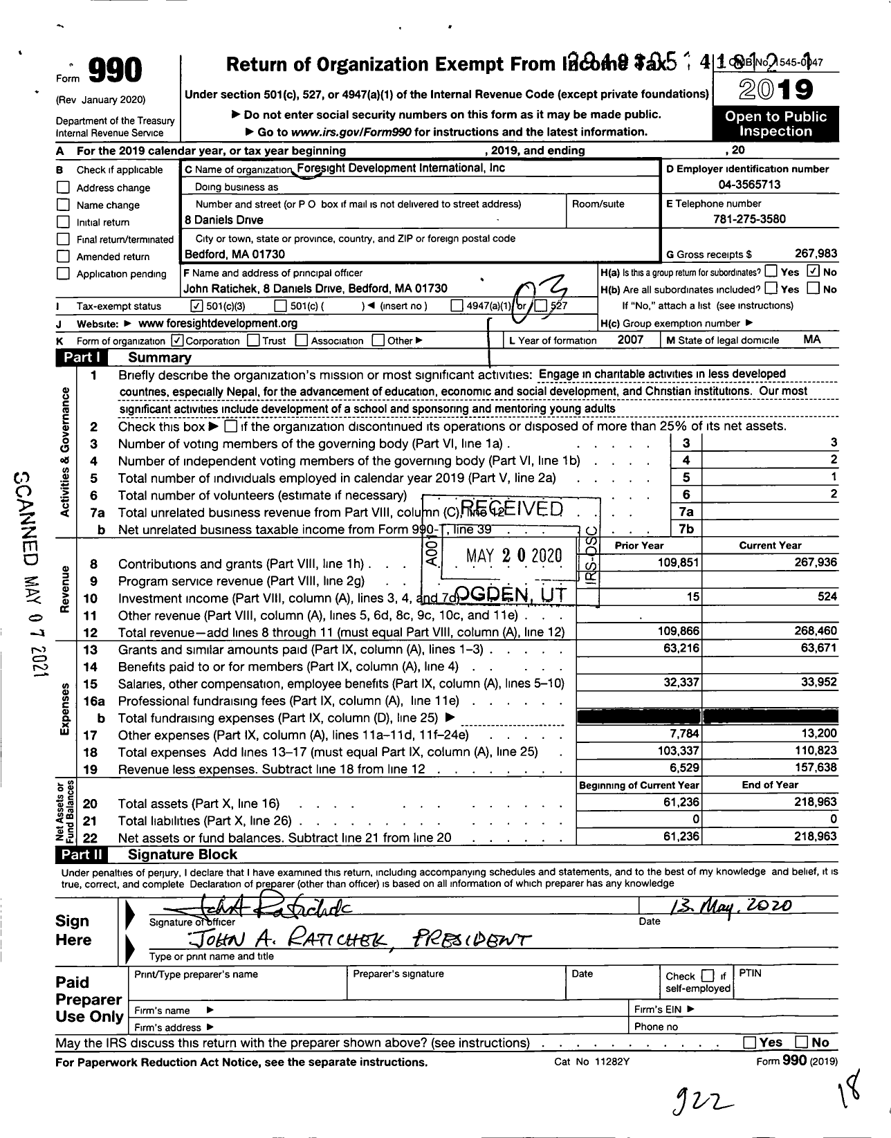 Image of first page of 2019 Form 990 for Foresight Development International Incorporated