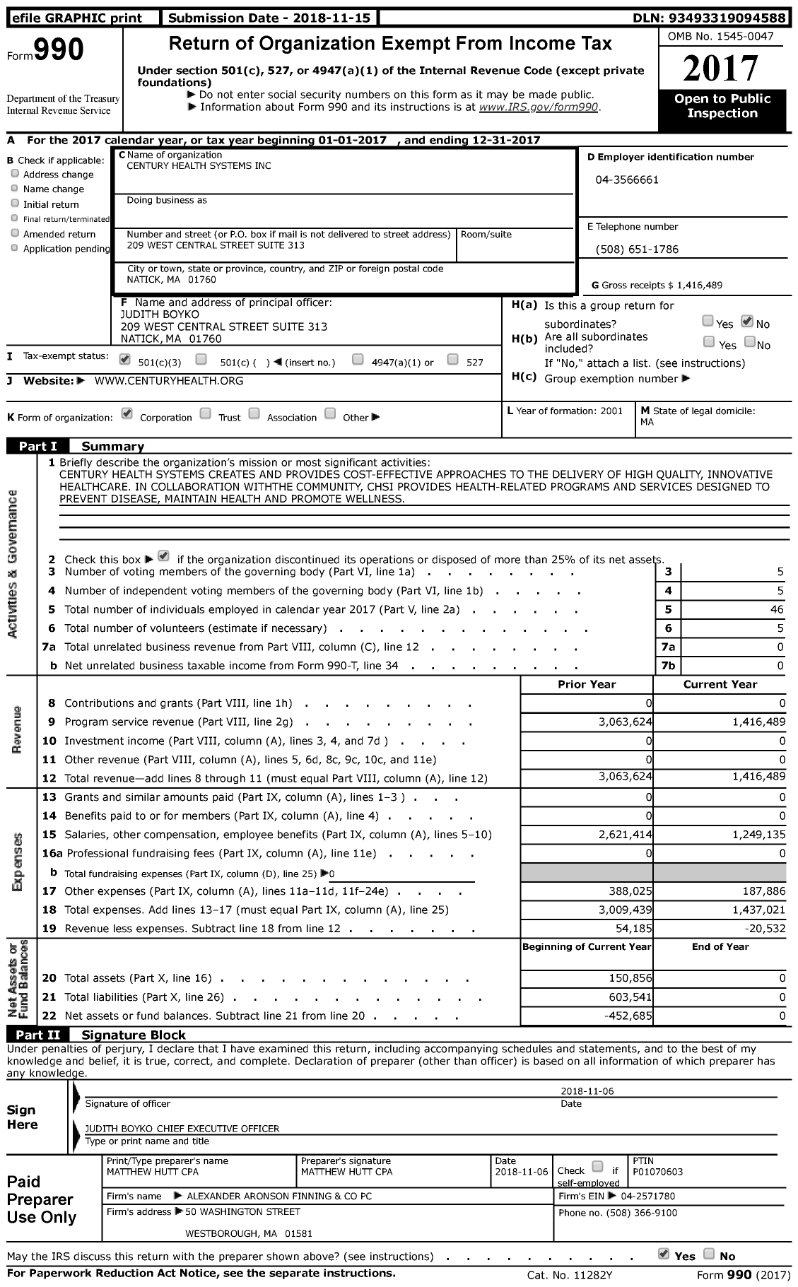 Image of first page of 2017 Form 990 for Century Health Systems