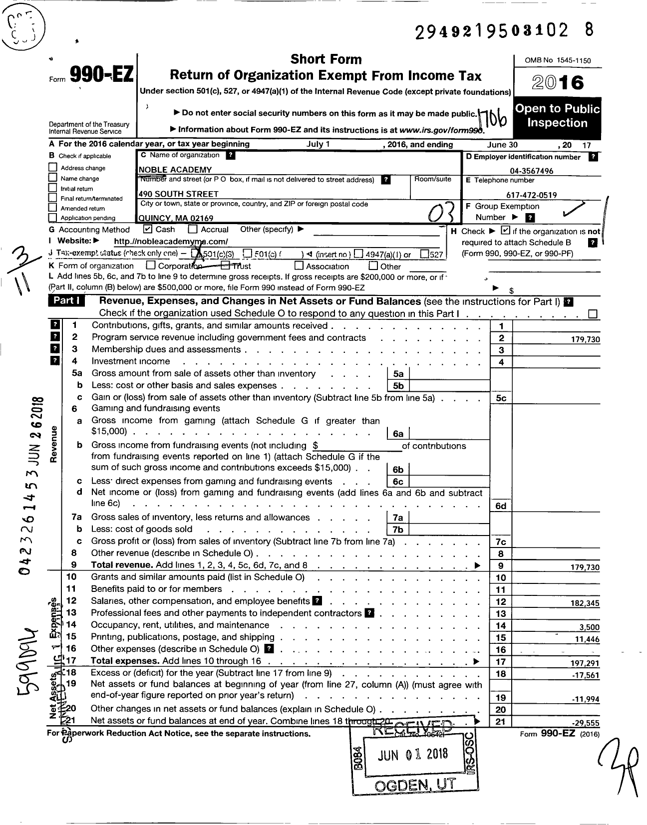 Image of first page of 2016 Form 990EZ for Noble Academy Corporation