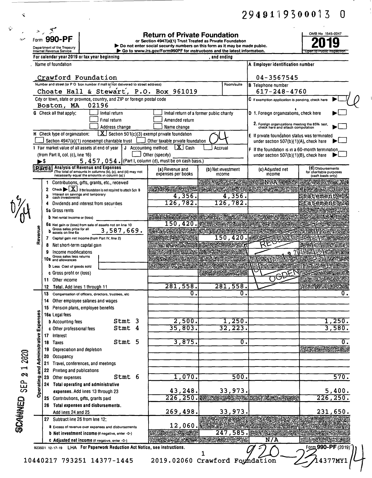 Image of first page of 2019 Form 990PR for Crawford Foundation / Crawford William Ttee