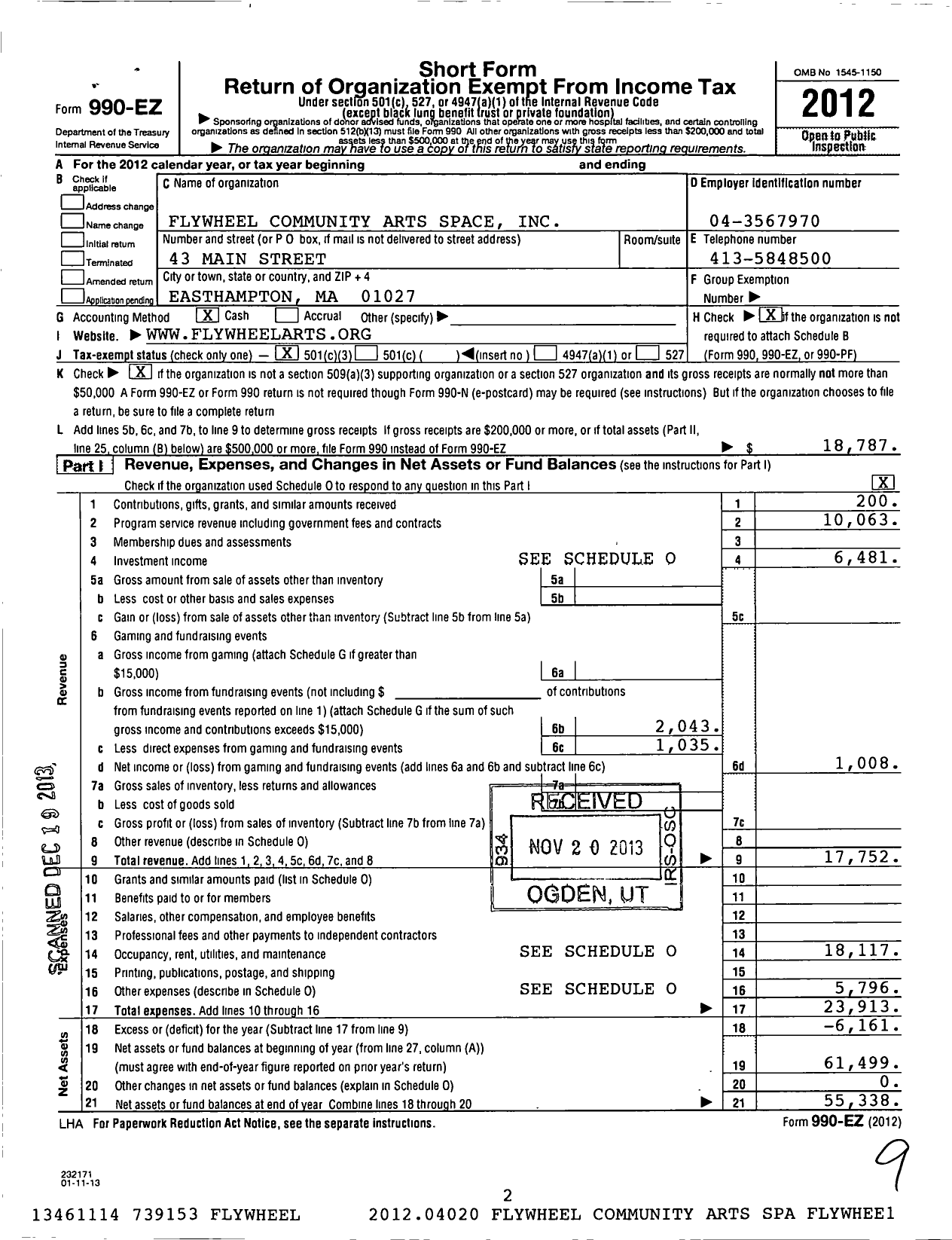 Image of first page of 2012 Form 990EZ for Fly Wheel Community Arts Space