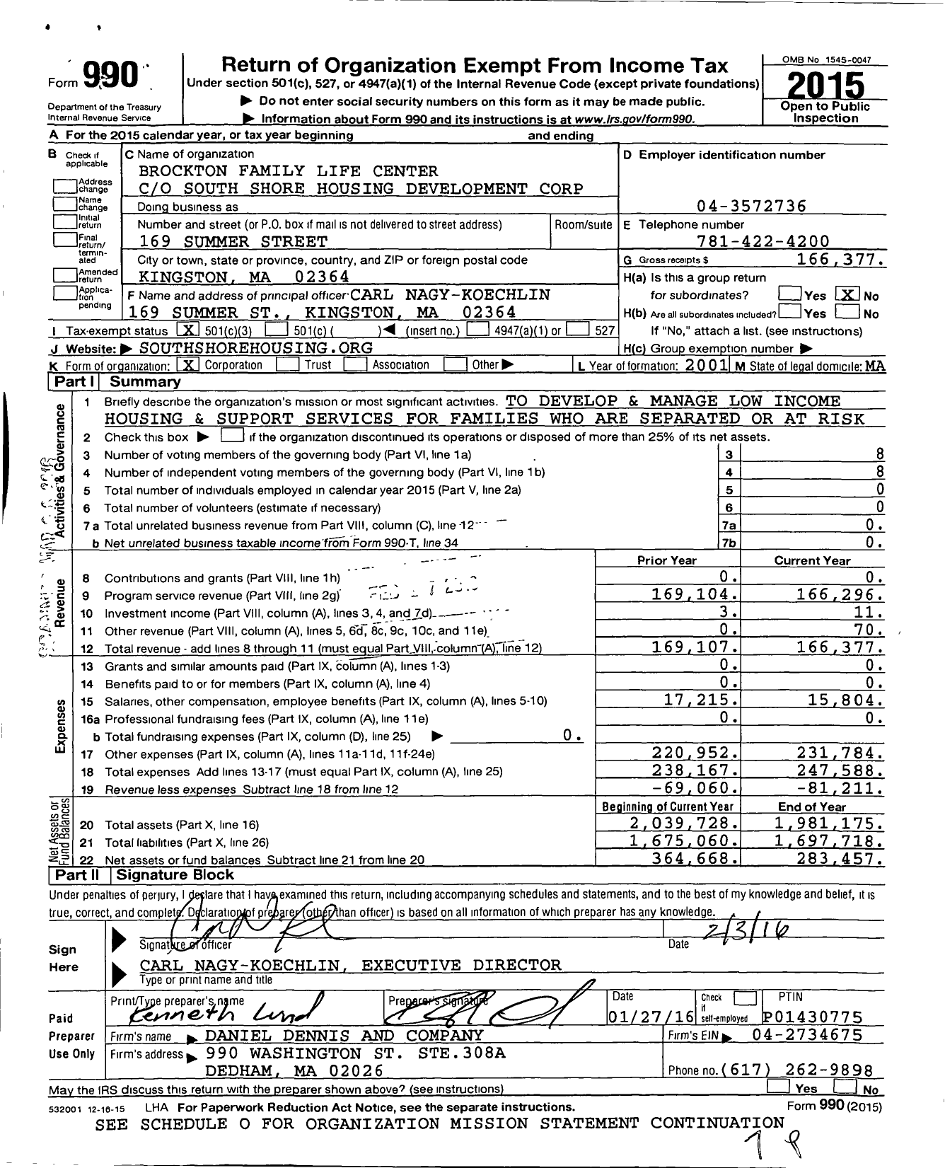 Image of first page of 2015 Form 990 for Brockton Family Life Center