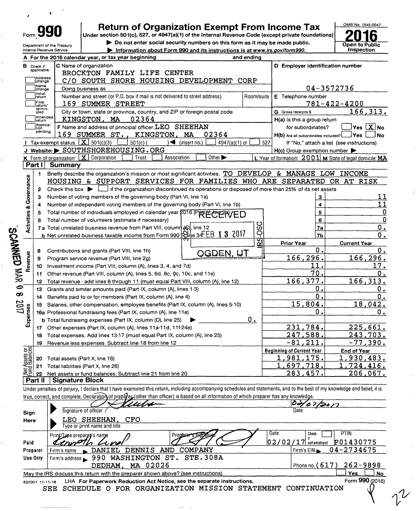 Image of first page of 2016 Form 990 for Brockton Family Life Center