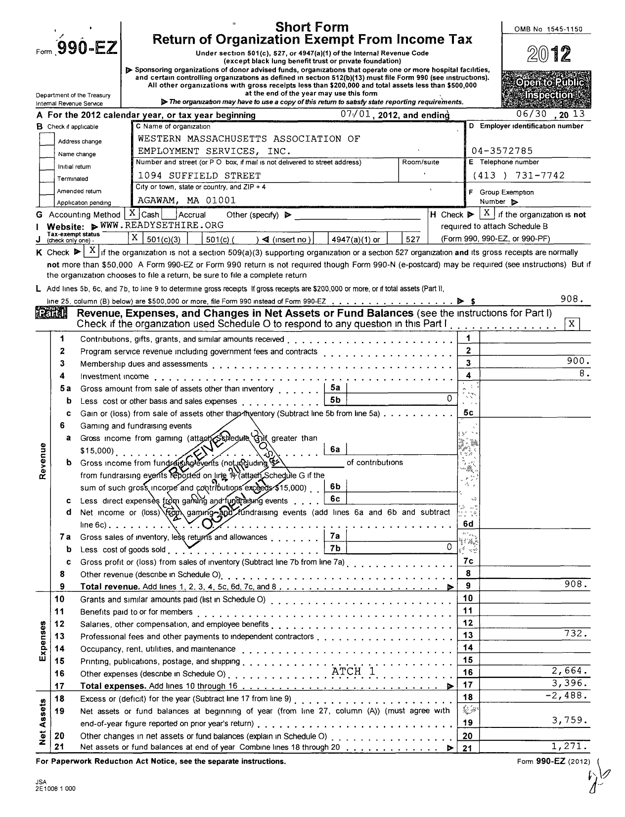 Image of first page of 2012 Form 990EZ for Western Massachusetts Association of Employment Training