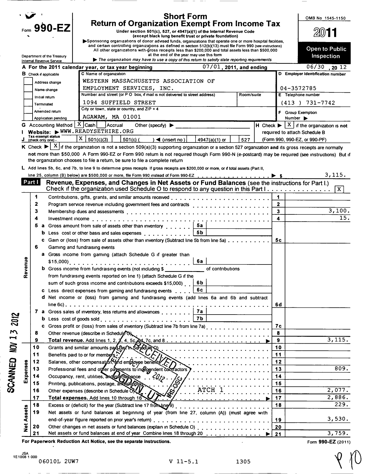 Image of first page of 2011 Form 990EZ for Western Massachusetts Association of Employment Training