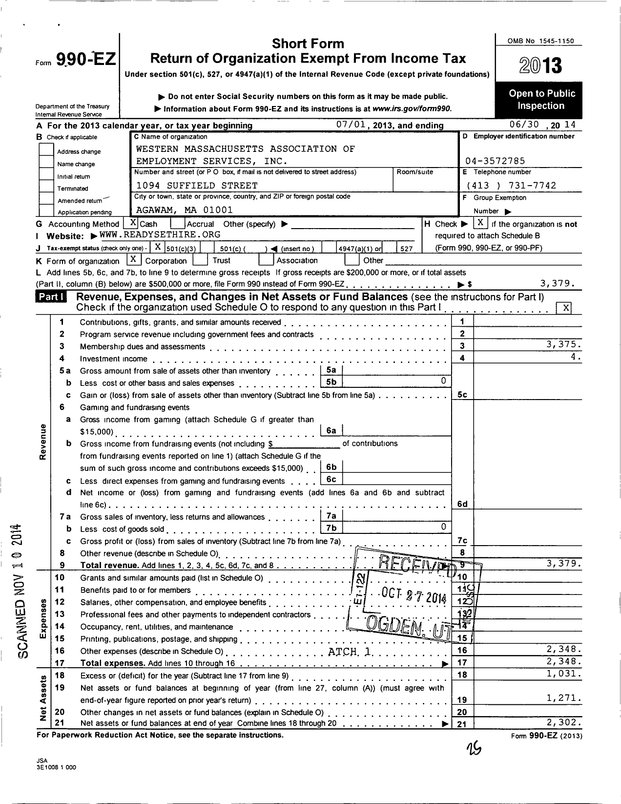 Image of first page of 2013 Form 990EZ for Western Massachusetts Association of Employment Training