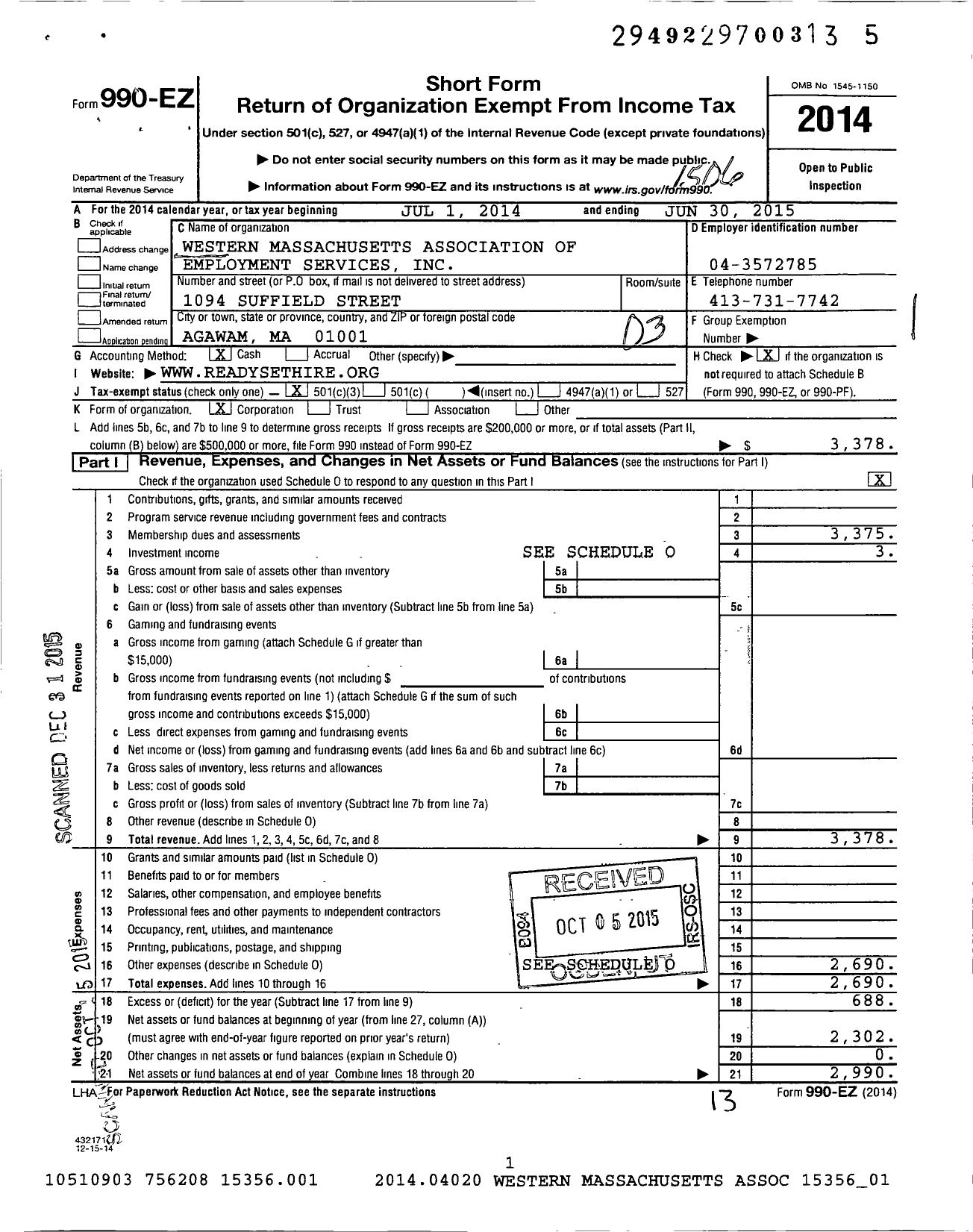 Image of first page of 2014 Form 990EZ for Western Massachusetts Association of Employment Training