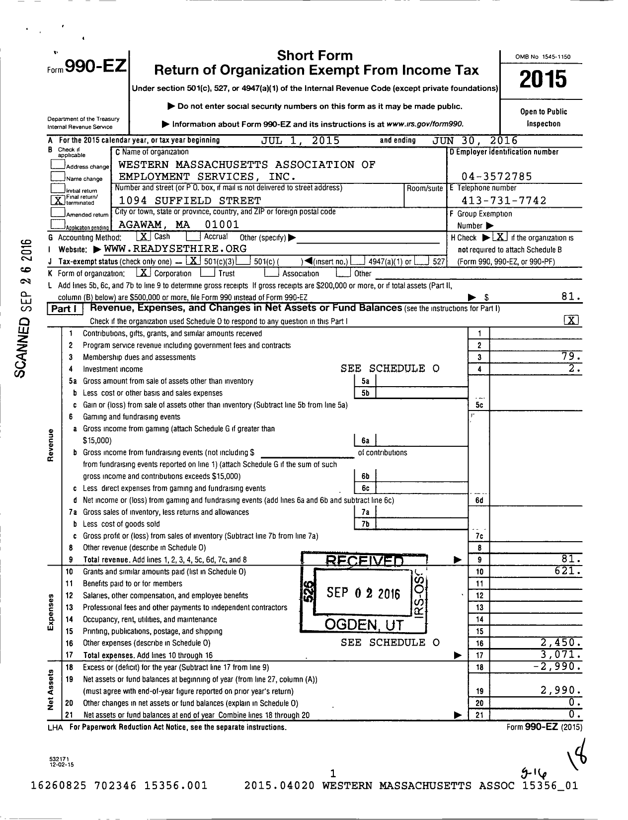 Image of first page of 2015 Form 990EZ for Western Massachusetts Association of Employment Training