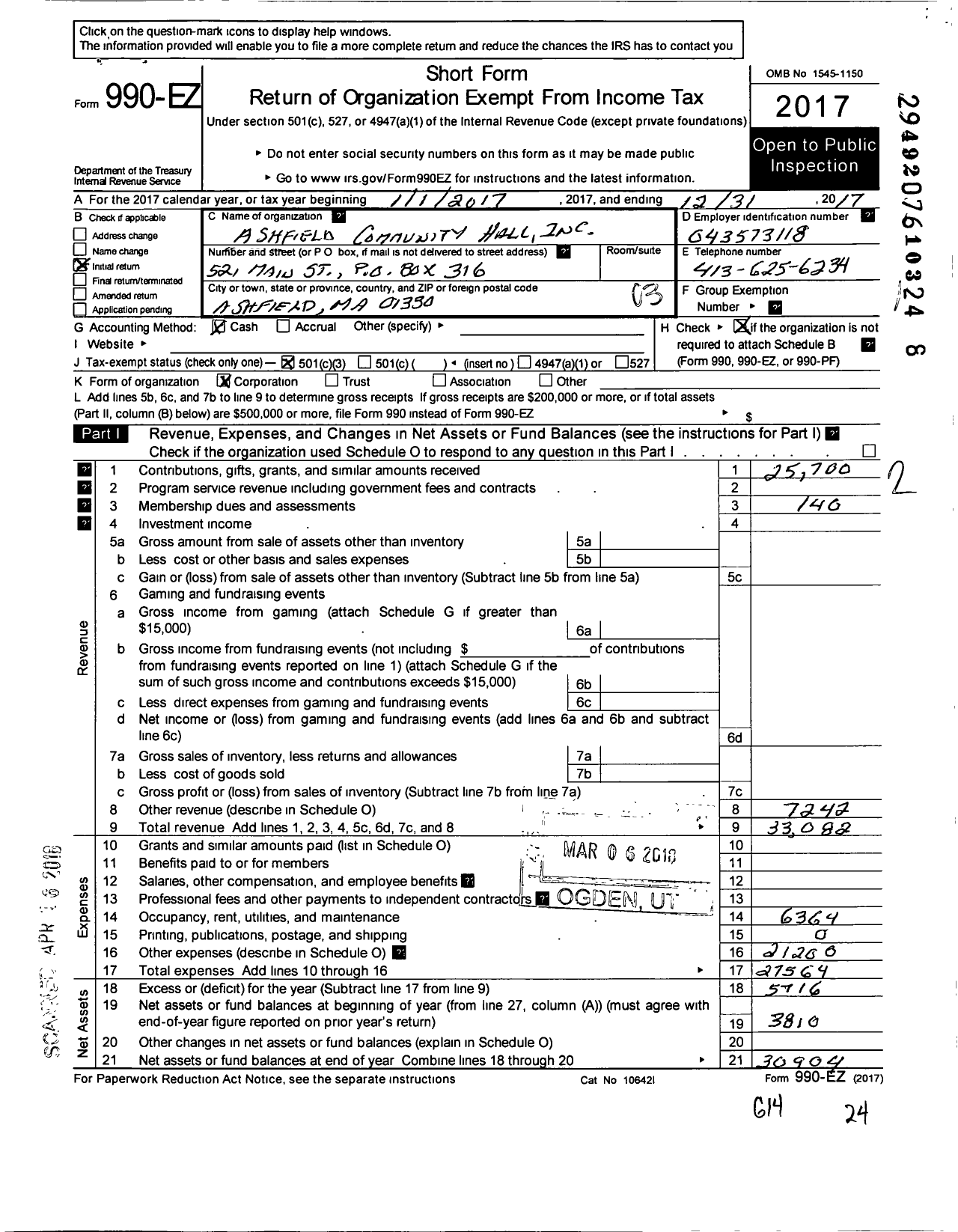 Image of first page of 2017 Form 990EZ for Ashfield Community Hall