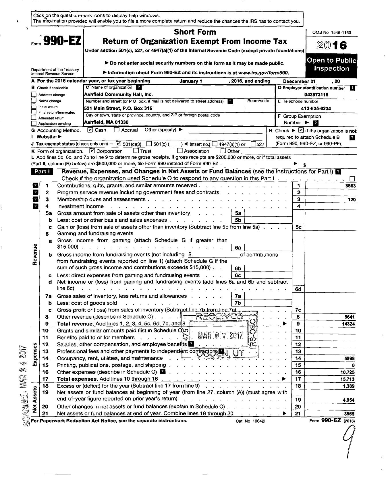 Image of first page of 2016 Form 990EZ for Ashfield Community Hall