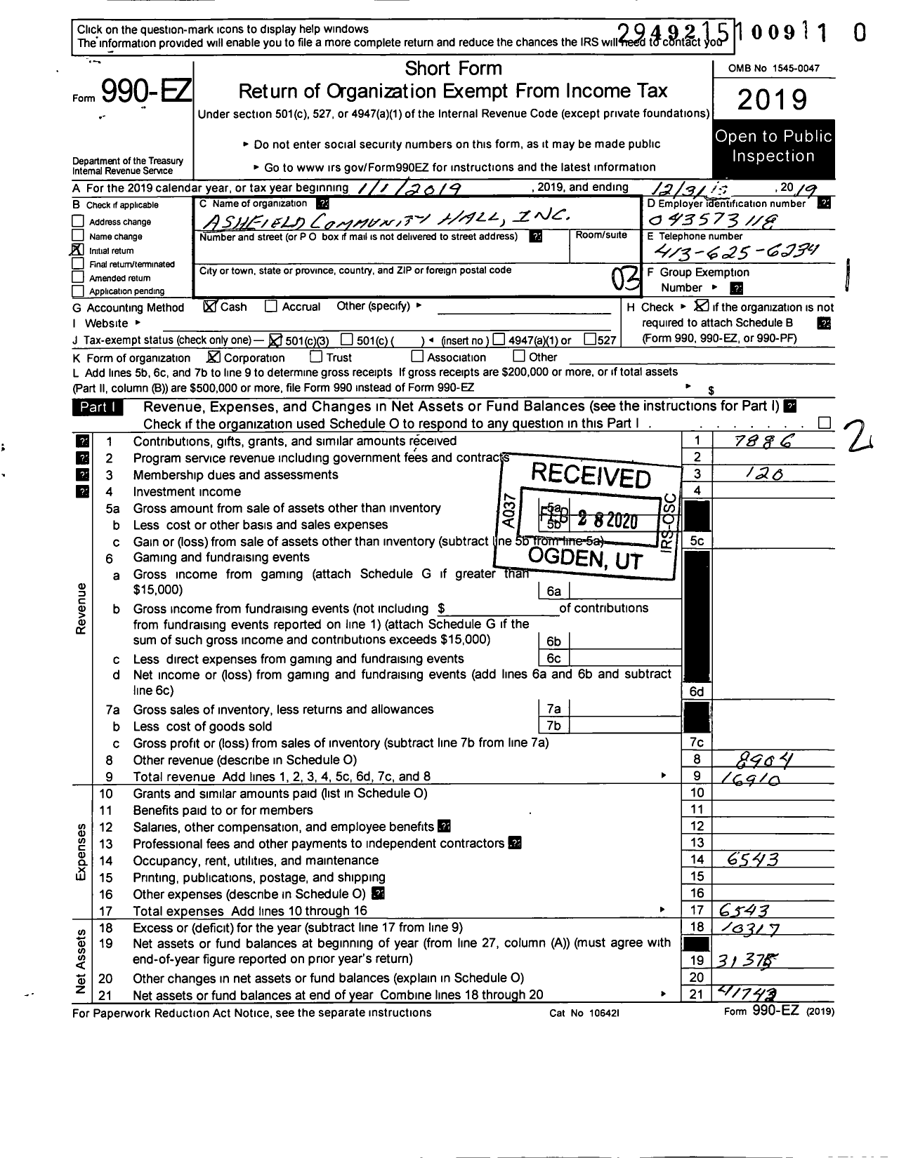 Image of first page of 2019 Form 990EZ for Ashfield Community Hall