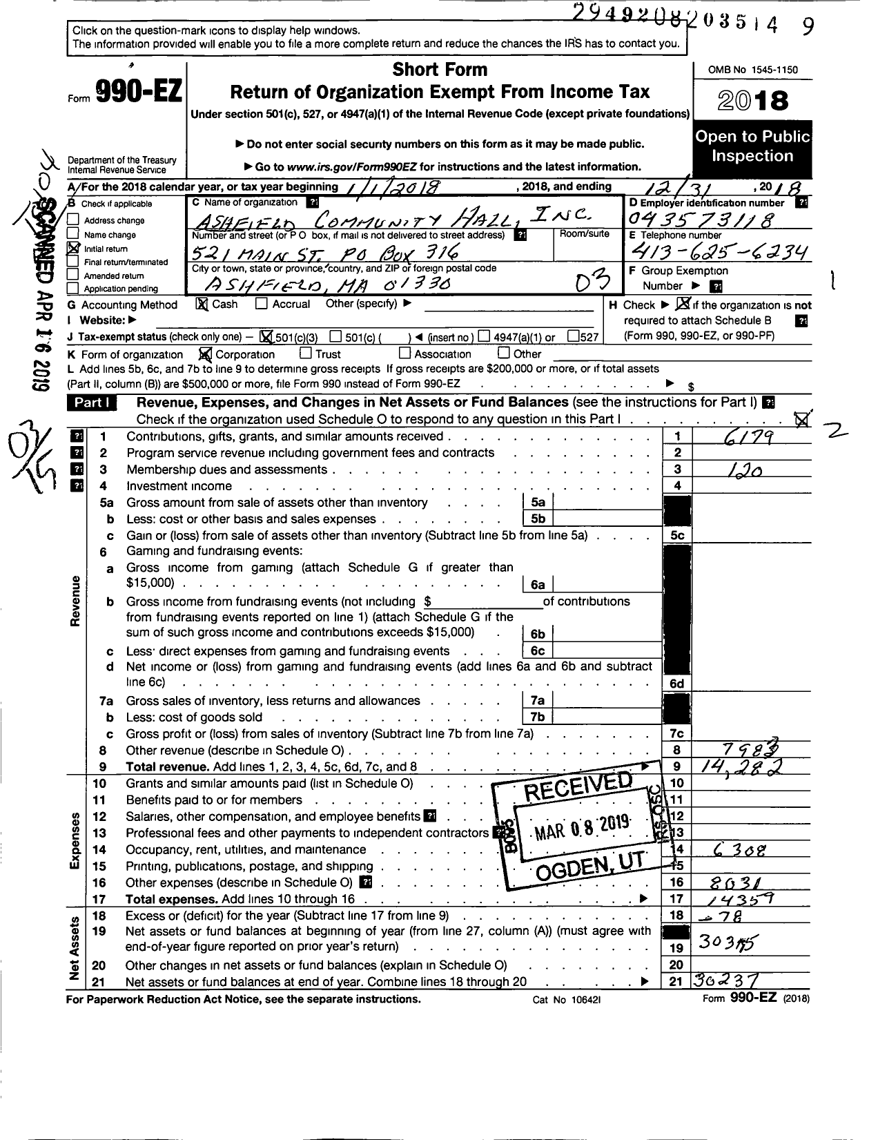 Image of first page of 2018 Form 990EZ for Ashfield Community Hall