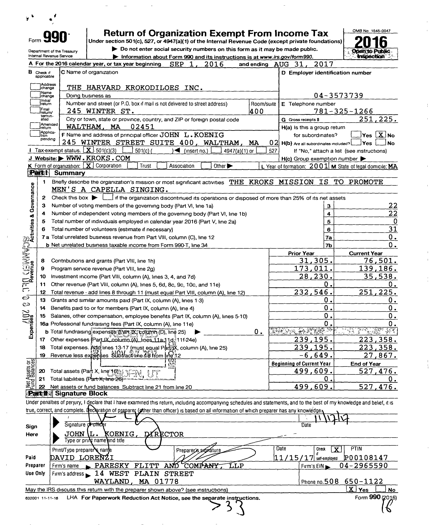 Image of first page of 2016 Form 990 for The Harvard Krokodiloes