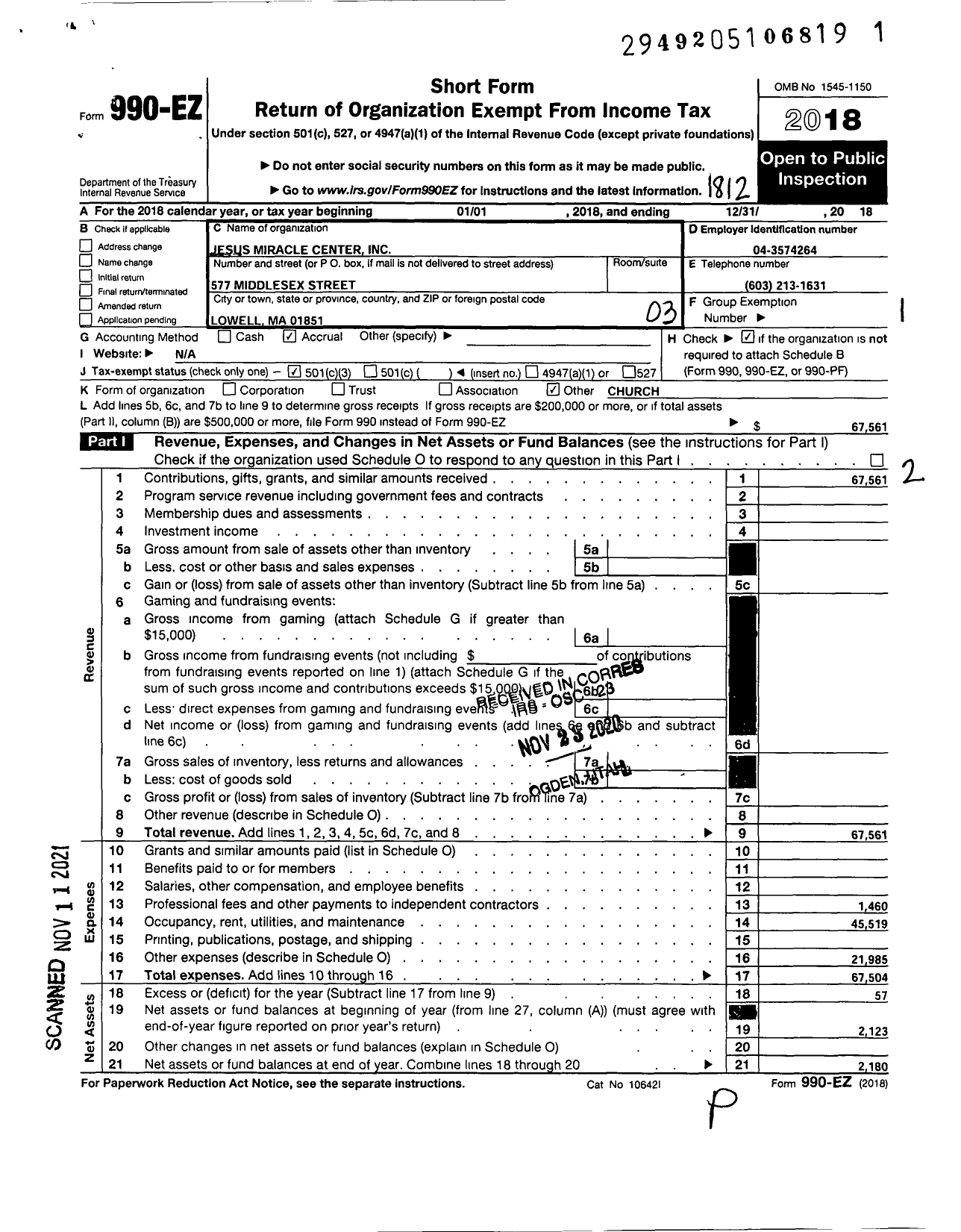 Image of first page of 2018 Form 990EZ for Jesus Miracle Center