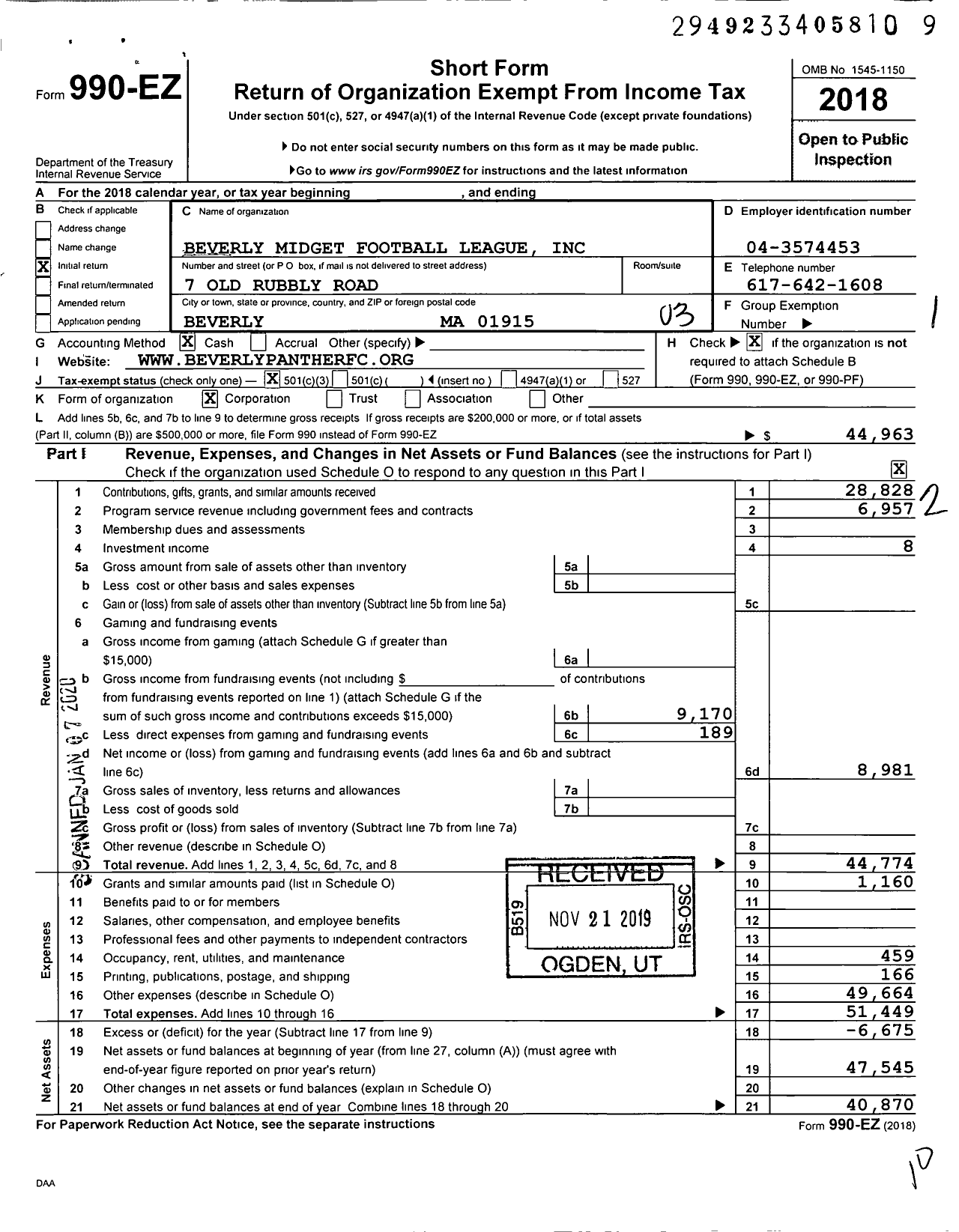 Image of first page of 2018 Form 990EZ for Beverly Midget Football League